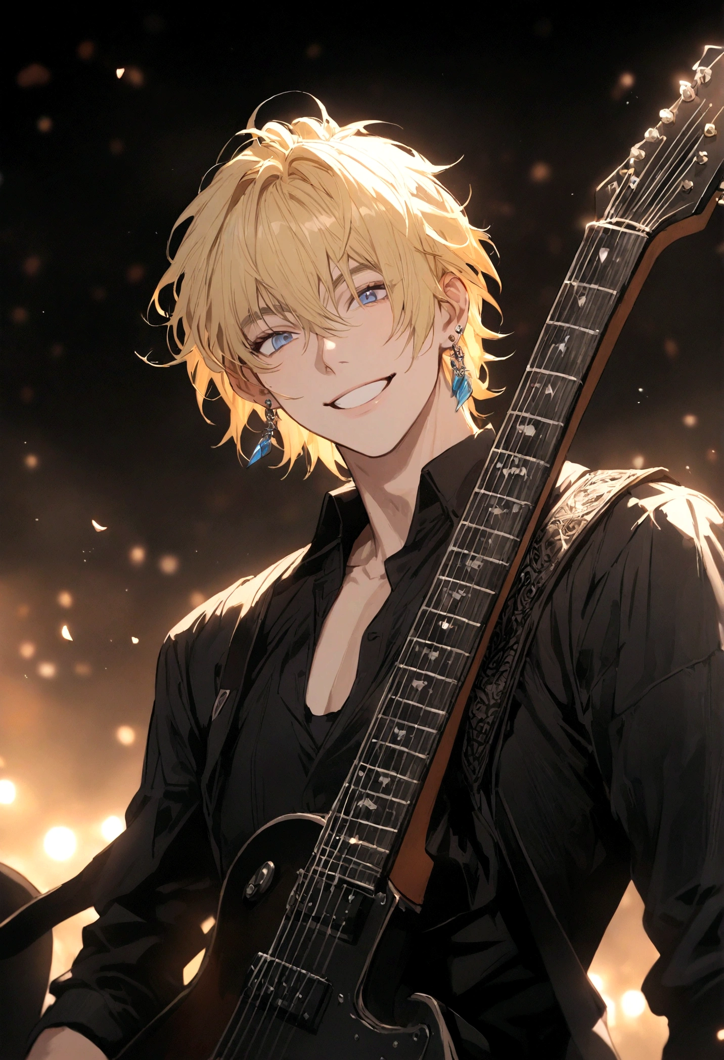 male with blond hair, blue eyes, earrings, smiling, black shirt like a rock singer. guitar on his back.
