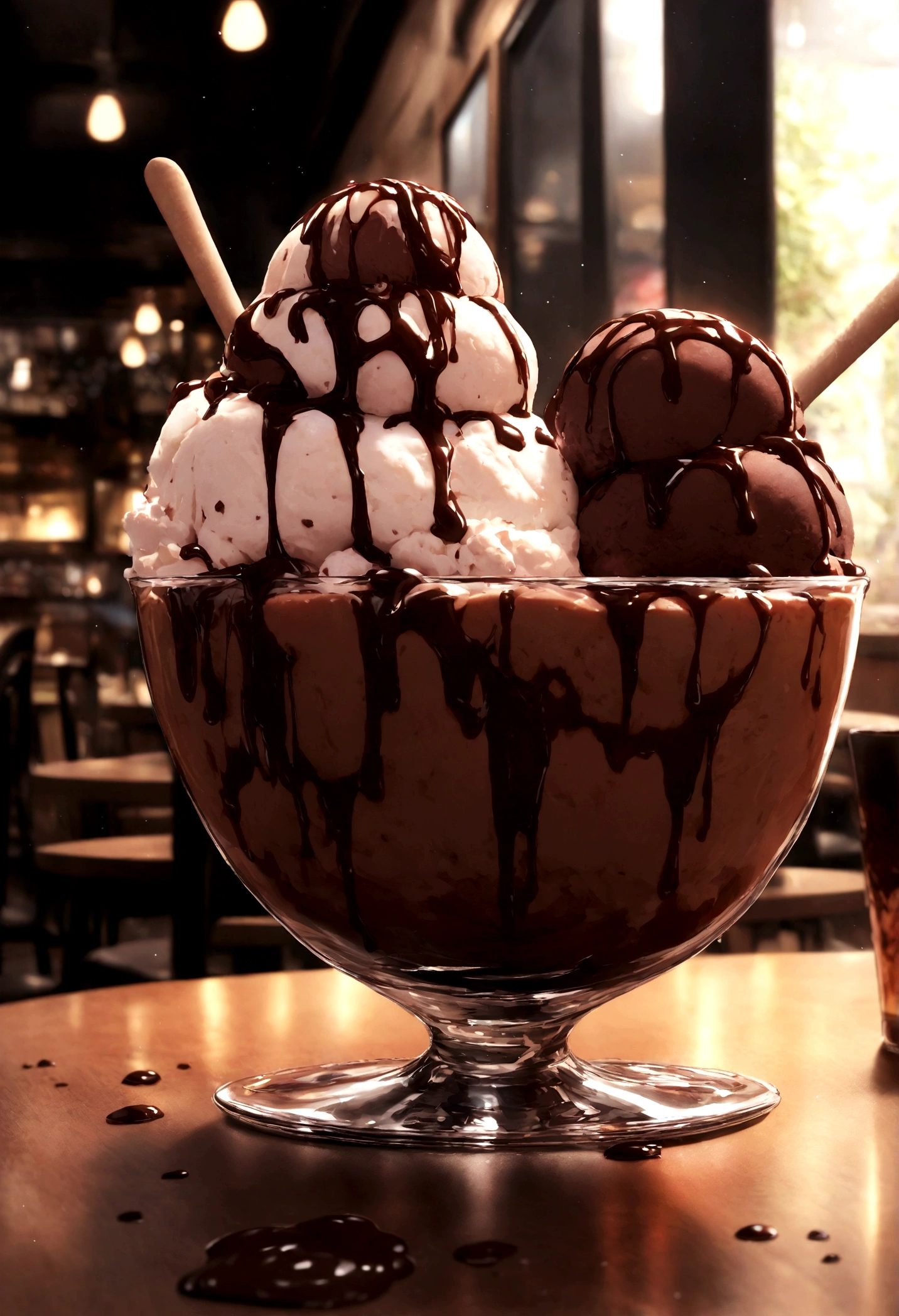 A glass ice cream bowl with three scoops of chocolate ice cream, Covered in chocolate sauce, On a table in an ice cream parlor atmosphere.