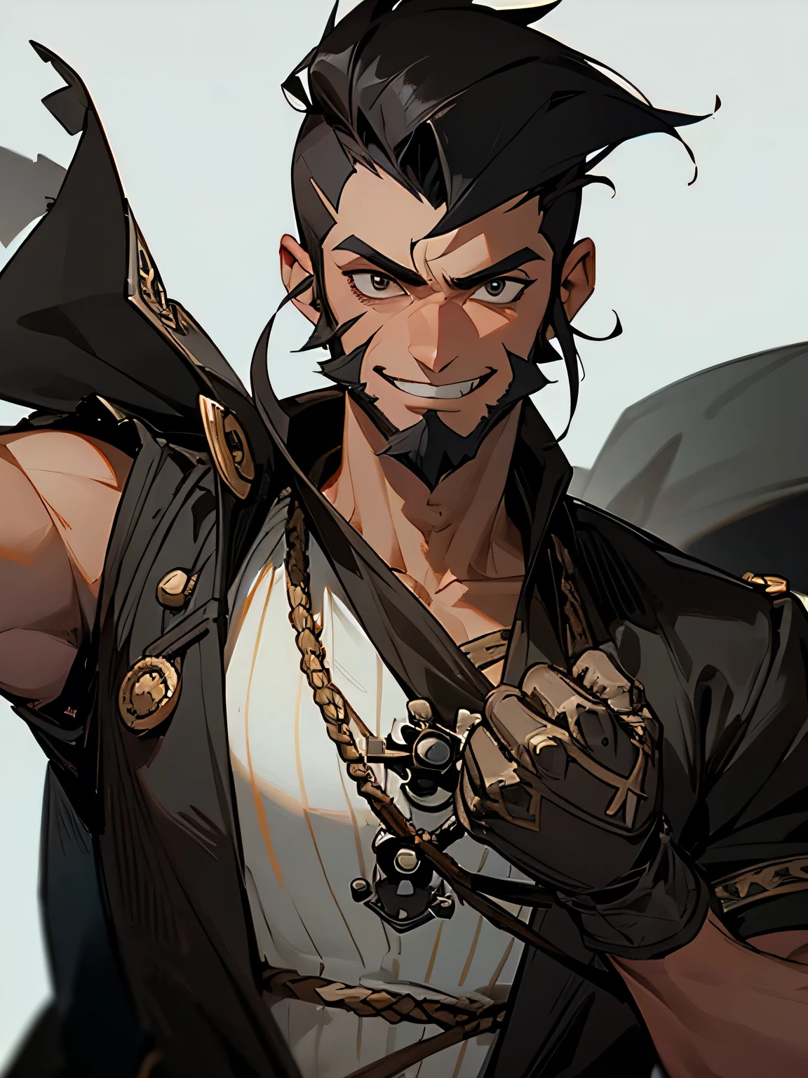 solo, upperbody, black short hair, sideshaved, darkskin,beard:0.6, male eyes, male nose, male mouth, grin, pirate clothes, Captain Hook's hands, simple back ground,