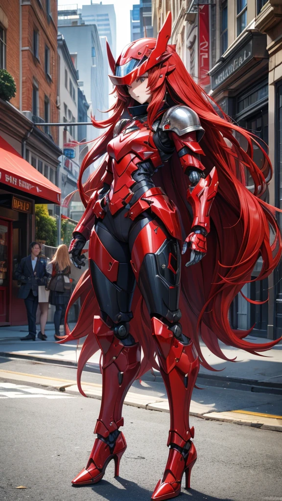 Large red long-haired female robot，helmet，Full body red armor，mechanical joint，Chest，，high heels，front，small city