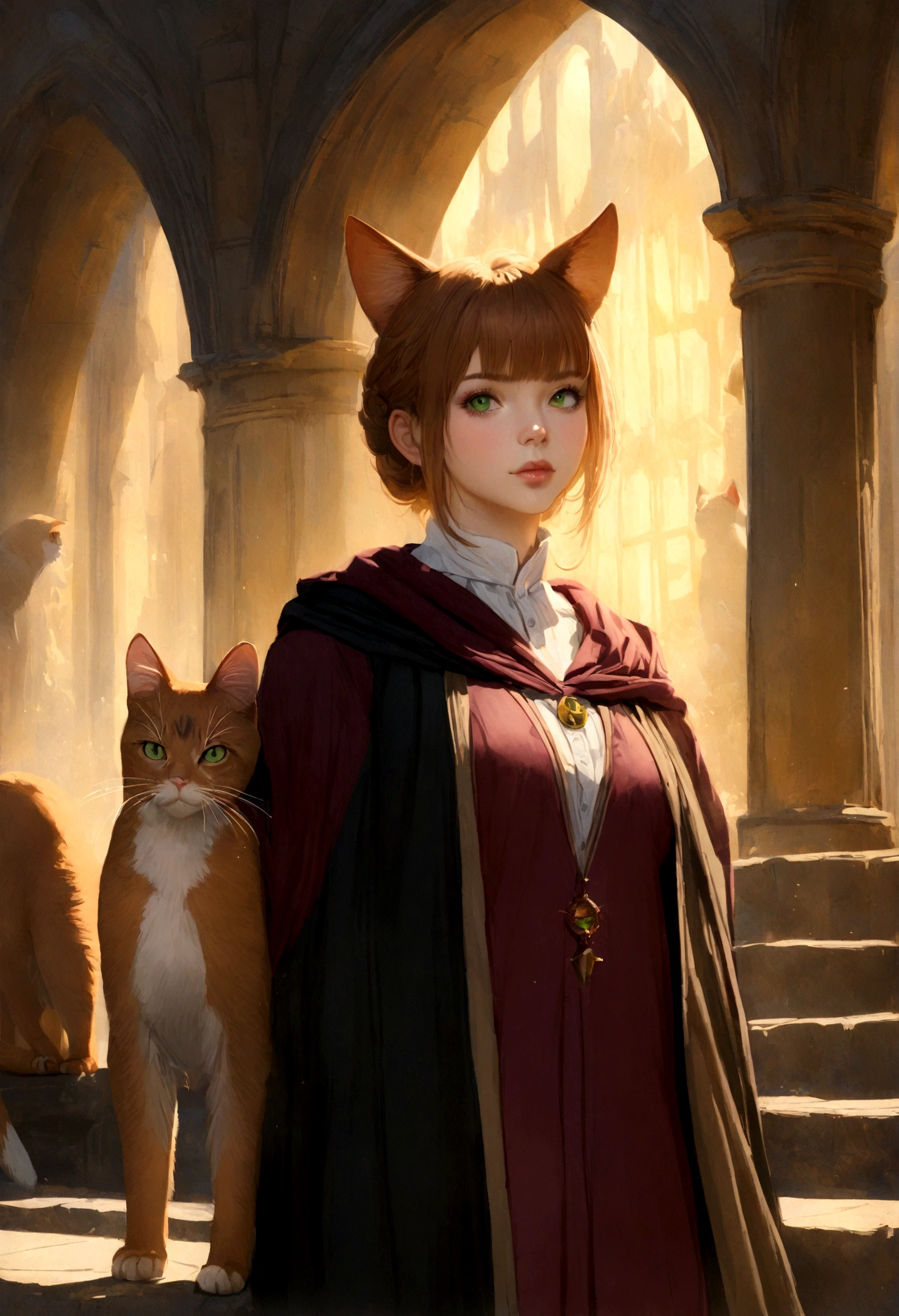 Cat, Abyssinian Cat, Green Eyes、Round eyes、 Dressed in Hogwarts School of Witchcraft and Wizardry, Realistic 8K