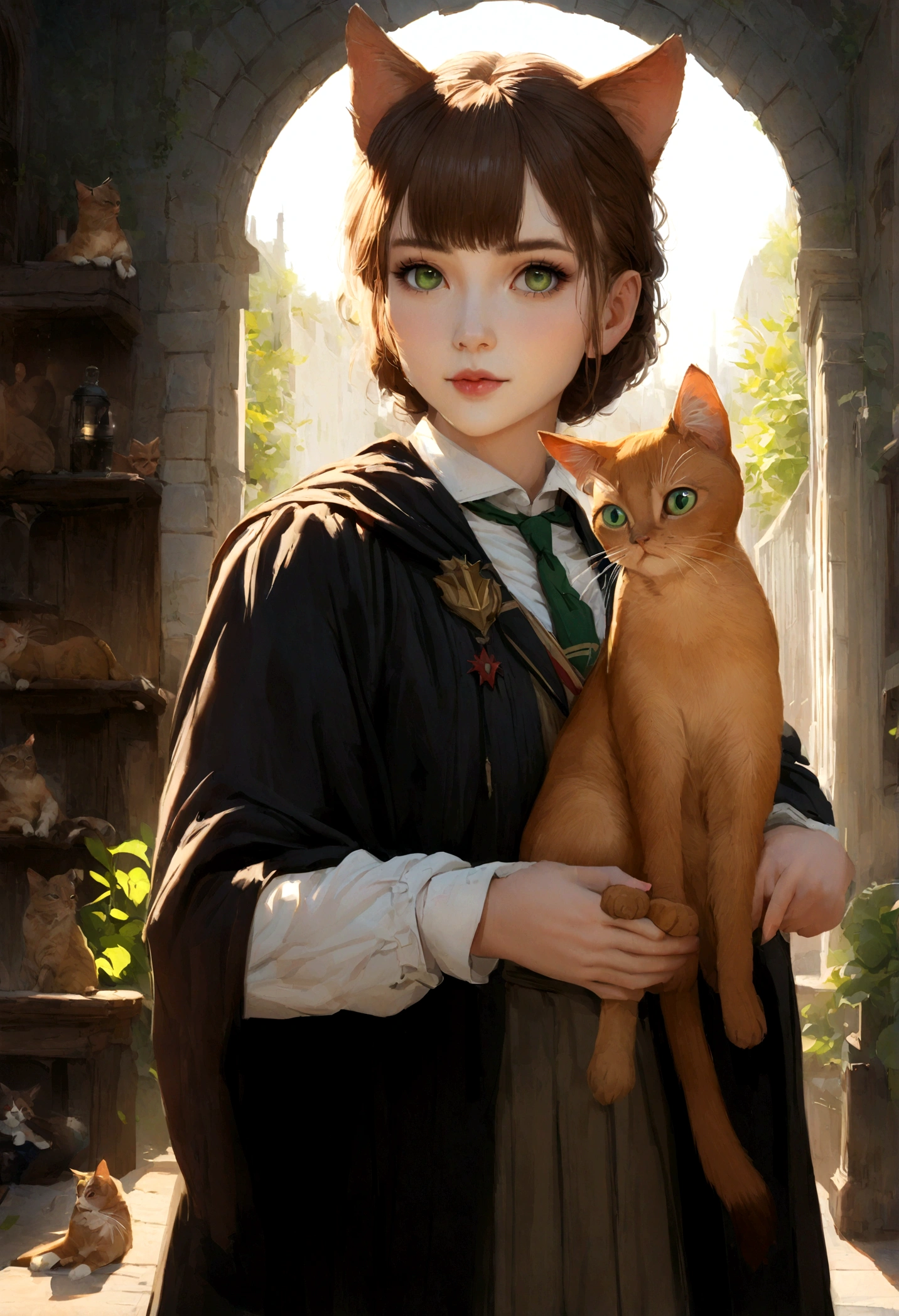 Cat, Abyssinian Cat, Green Eyes、Round eyes、 Dressed in Hogwarts School of Witchcraft and Wizardry, Realistic 8K
