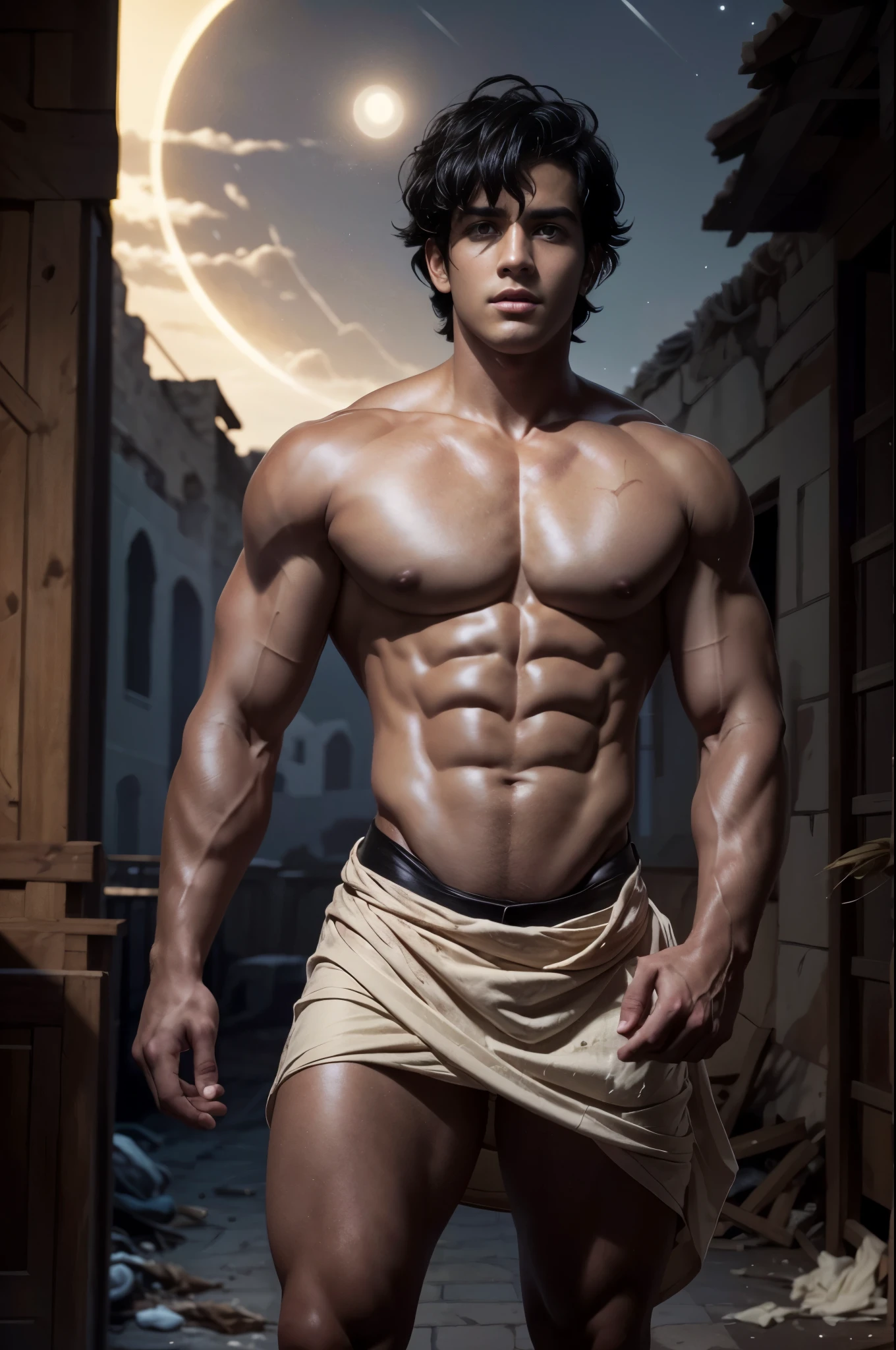 Photo-realistic, ((best quality)), ((masterpiece)), (detailed), handsome young male Aladdin, male version of Aladdin, 18-year-old, super male Aladdin, handsome, tall, cute, evil looking, dark look, powerful, young male Arabic, handsome, clean shave, hazel eyes, white skin, white pale skin, ( messy black hair:1.4), short hair, messy hair, super strong, muscular, fit, massive muscles, six pack, muscle, ripped, strong body, fit body, pantless, shirtless, bare-chested, bare-feet, Arabic white small skirt, ( ancient white arabic small short skirt:1.3), (ancient incian city:1.4), india, indian city, indian temple, indian classic architecture, gr 8k, high detailed, ultra-detailed, Stylish Pose, real skin texture, (dark cinematic lighting:1.4), night, (night time:1.6), dark, full moon,