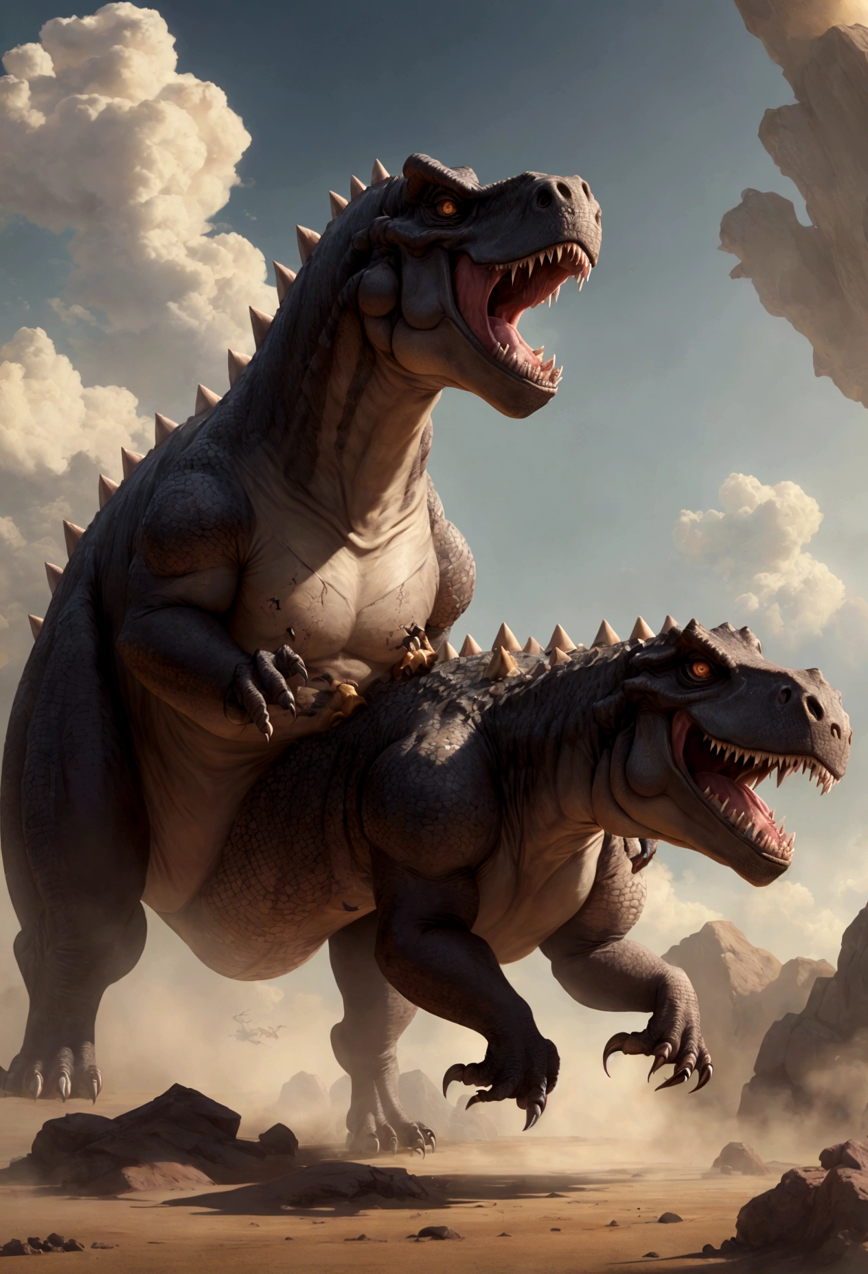 Fierce battle between Tyrannosaurus Rex and Triceratops, (best quality, 4k, high resolution, 极其detailed), Fierce struggle, Roar and Horn, Dusty prehistoric landscape, Realistic shadows, Bright colors, (detailed, complex, Beautifully) Dinosaur scales and textures, Dynamic movement, (furious, Decide) The expression on the face of a dinosaur, (Stark, muscular) institution, Sharp teeth and horns, (Big Ass, Momentum) size, (Dramatic, Dynamic) illuminate, (Stark, Full of energy) Enhancement, (nervous, expected) up in the air,1 to 1,Blood,hunt,Defense dose,Fight to the Death