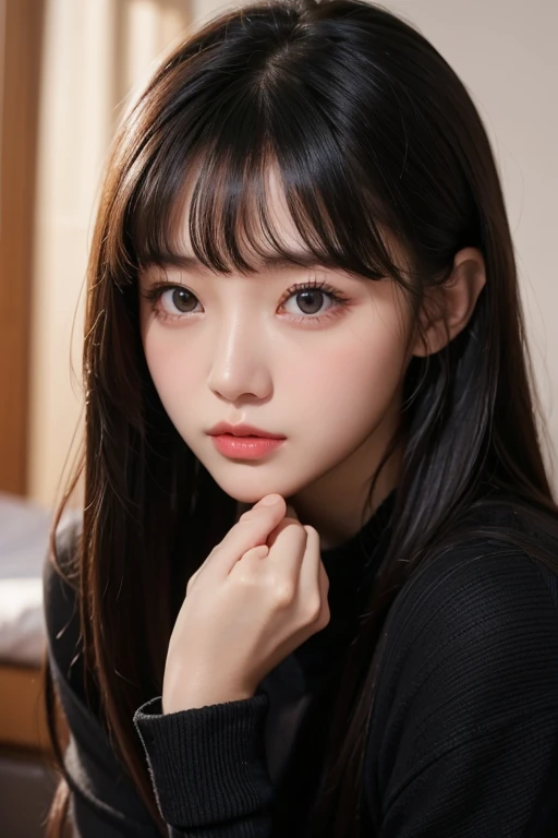・A girl with temperament・Delicate facial features・Bangs・Hair is very realistic・Wearing a long-sleeved black knit・The background is a bedroom・Du Qiong's exquisite makeup・Light red lips・Big eyes・Double eyelids・Bright eyes・Symmetrical face・Face is very realistic・The girl's face is carefully painted・Blush・Super high-quality・Looking at the audience・Very realistic skin・Sebum reflection・Artwork・Clothes with real fabric texture・Realistic painting・Cinema style・Photo-level・Ray tracing・Realistic light and shadow effects・Realism・Masterpiece・Like the photo effect above・8K highest picture quality is full