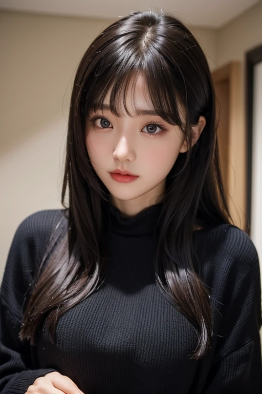 ・A girl with temperament・Delicate facial features・Bangs・Hair is very realistic・Wearing a long-sleeved black knit・The background is a bedroom・Du Qiong's exquisite makeup・Light red lips・Big eyes・Double eyelids・Bright eyes・Symmetrical face・Face is very realistic・The girl's face is carefully painted・Blush・Super high-quality・Looking at the audience・Very realistic skin・Sebum reflection・Artwork・Clothes with real fabric texture・Realistic painting・Cinema style・Photo-level・Ray tracing・Realistic light and shadow effects・Realism・Masterpiece・Like the photo effect above・8K highest picture quality is full