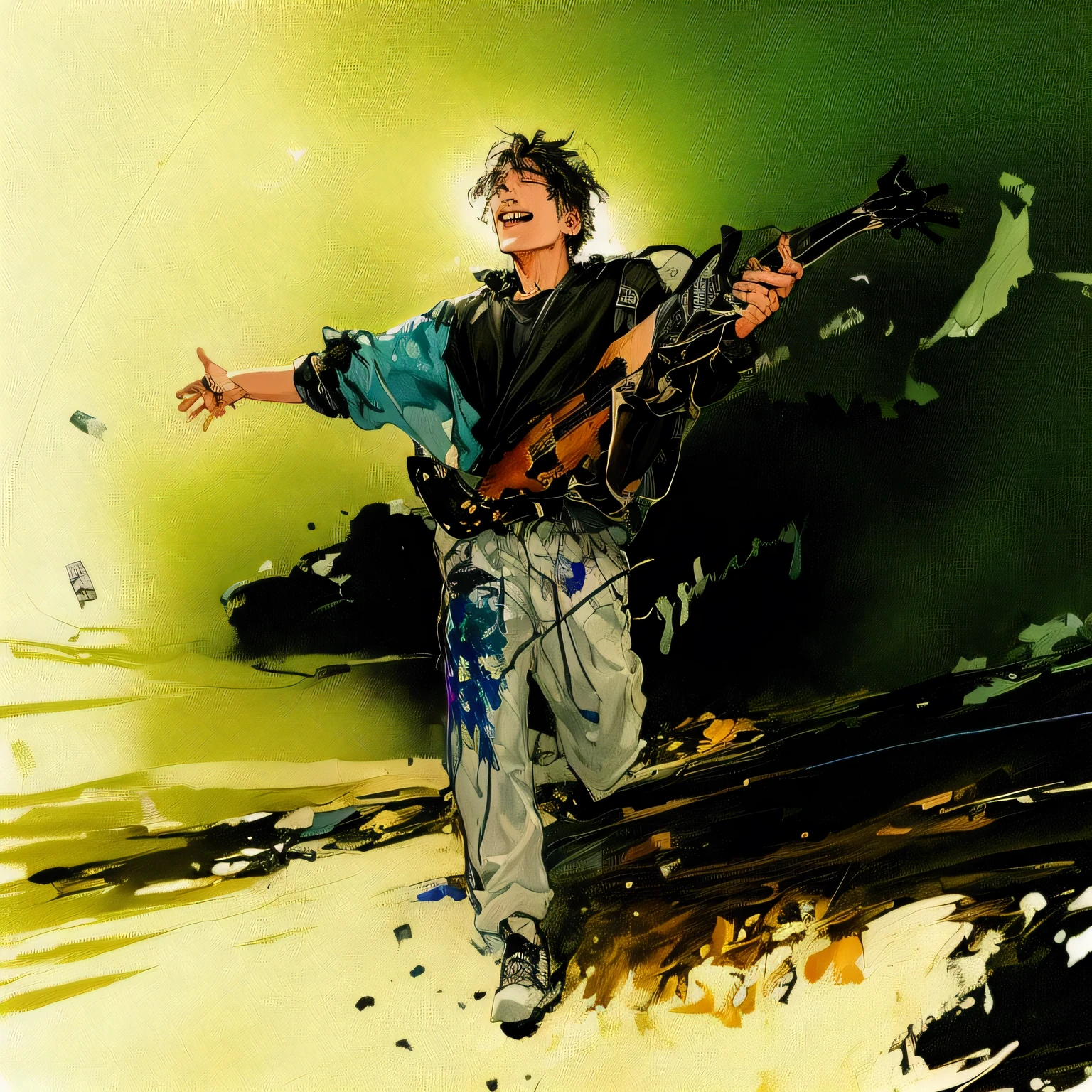 A painting,The painting shows a man holding a guitar、Man in jacket, Oda Eiichiro's style, Erpingmian style, Nihei's Mixed Style, Dynamic leadership style, eiichiro oda style, rock 'n' roll, Illustration by Shigenori Soejima, guitar solo, the guitar player, he is a rock star, author:Tomino Yuyuki, Official Fanart