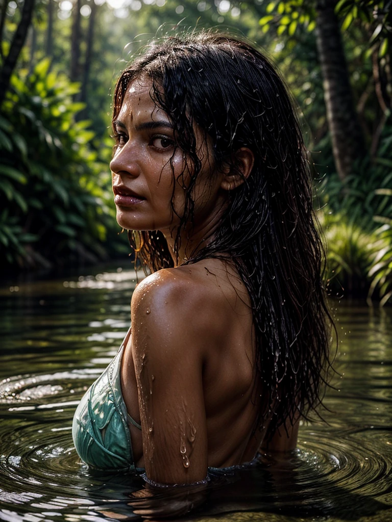 portrait close-up of a face of a brazilian woman, 38 years old. sunburnt ebony skin, (Wet and dripping hair, curly hair), wavy at the height of the back, jade eyes, fluffy turned, ((big cheeks)), bathing in the natural, in a deep river and transparent waters, [[only with the head, neck and shoulders out of the water]], between reeds, (backlit), realistic, masterpiece, high quality, brightness, shadow, flower, [[chromatic aberration]], by Jeremy Lipking, by Antonio J. Manzanedo, digital painting, Brazilian, 8k uhd, forest, river, wood, smoke, shadows, contrast, clear sky, looking_at_viewer, (warm hue, warm tone)