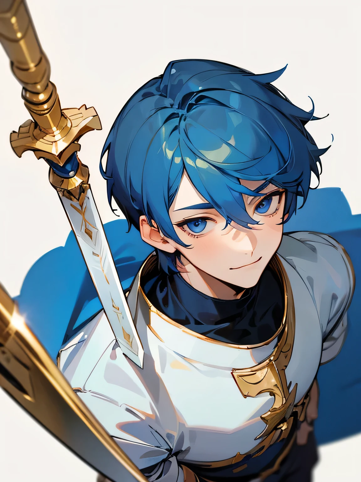 from above:1.3 , birdeyes view,solo, (deep blue short hair), boy-like handsome face, male eyes, male nose, male mouth, shy smile, holy knight costume, gold knight, have a platinum sword, simple white background,
