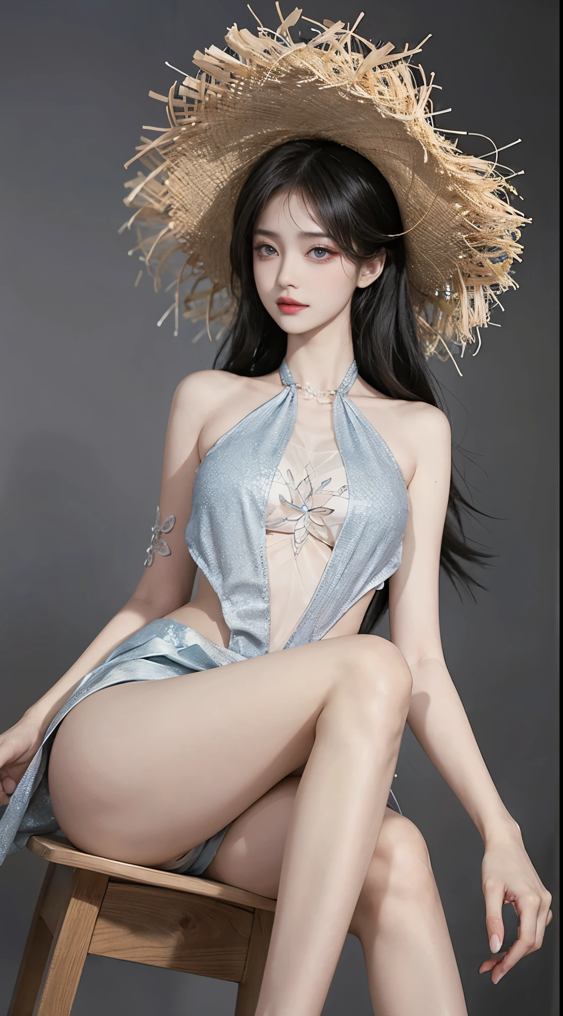 guqinghan,straw hat, ((whole body)), ((from below)), ((Sitting)), ((sitting on a bar stool)), Clear face, Pretty Face, 8K, masterpiece, original photo, best quality, detail:1.2,lifelike, detail, Very detailed, CG, Unite, wallpaper, Depth of Field, Movie Lighting, lens flare, Ray tracing, (extremely beautiful face, Beautiful lips, beautiful eyes), Wheels within wheels, detail的脸, (Bare shoulders), ((ultra detailed skin)), 1 girl, in the darkness, Deep Shadows, Beautiful korean girl, Korean Idol,(Very slim figure:1.3), Full breasts, Large Breasts, Slender sexy legs, Very beautiful legs, Elegant Posture, (A big smile), (City night, (Neon), (night), Beautiful korean girl, White Diamond Earrings, diameter bracelet, Deya Necklace, Clear eyes, (big eyes)