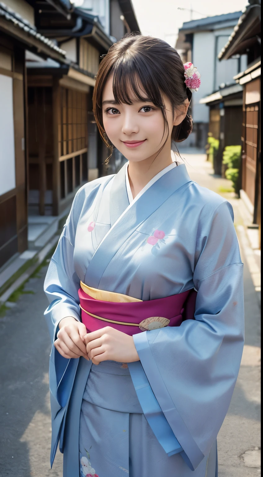 Professional Lighting,(Photorealistic:1.4), (Top image quality:1.0), (超A high resolution:1.0), 8k, Raw photography, (masterpiece:0.2), (Facing the children_v1:0.5)、(最高quality Detail:1.2)、Realistic、8K Ultra HD、High resolution、(1 girl:1.2)、超detailedな、High quality textures、複雑なdetailed、detailed、Very detailed CG、High quality shadows、detailed 美しく繊細な顔、Beautiful details and a delicate eye、(Symmetrical eyes:1.2),Written boundary depth、Ray Tracing,1 girl, Japanese Girls, (Natural smile:1.4),cute, thin, Portrait of a beautiful Japanese woman in a kimono, Standing elegantly on a street corner in Kyoto. Kimono with vibrant traditional patterns, Hair decorated with elegant and delicate hairpins, Gentle expression. (With the old streets of Kyoto in the background:1.4)、The soft light of a spring afternoon、Adding tranquility to the scene. Rendered in a Realistic style with great attention to detail, High resolutionの画像.Sky Porn, Magic Hour, (Realistic:1.3), finely, quality, (Tabletop:1.2), (Realistic:1.2), (最高quality), (複雑なdetailed), dramatic, Ray Tracing, photograph, +roller