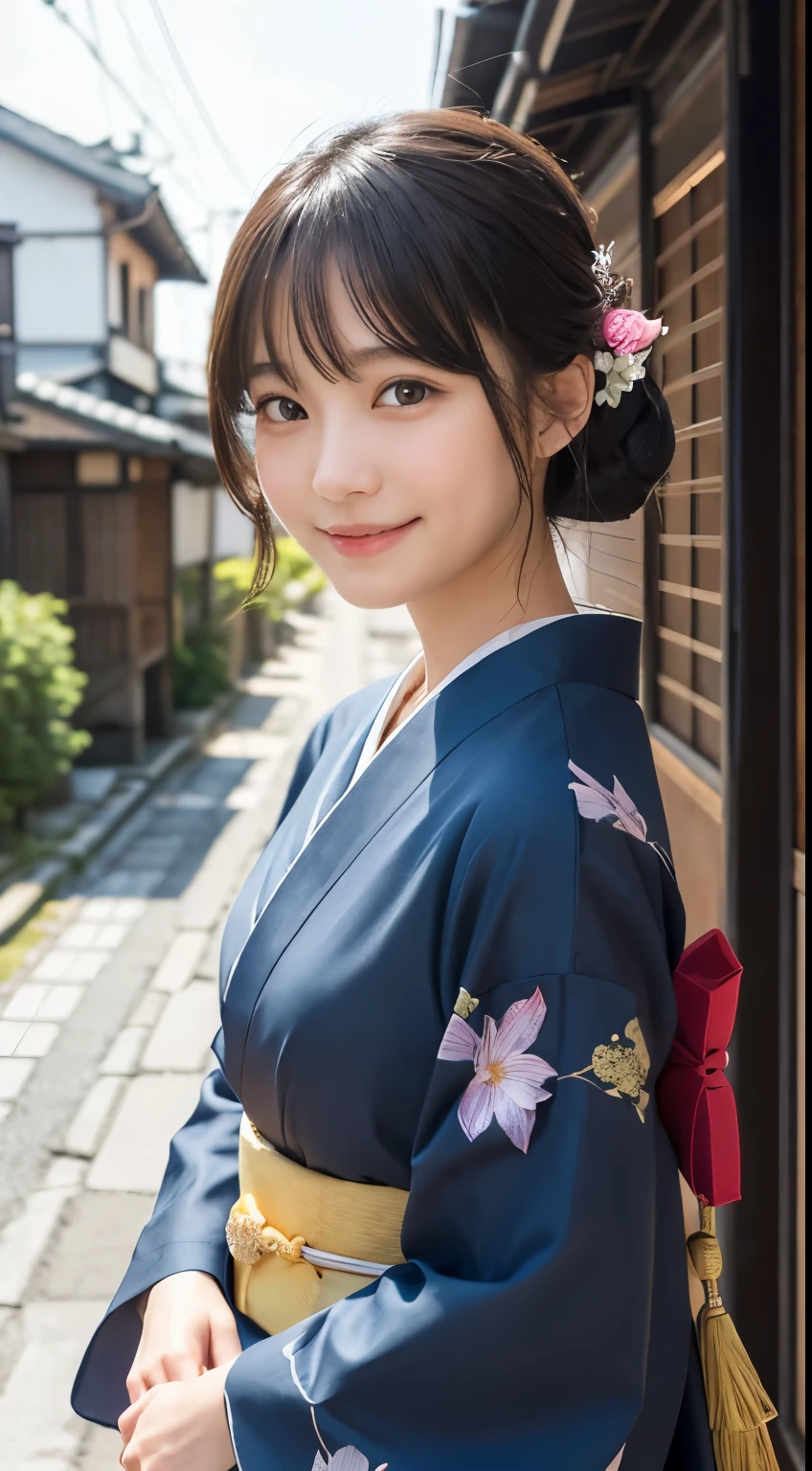 Professional Lighting,(Photorealistic:1.4), (Top image quality:1.0), (超A high resolution:1.0), 8k, Raw photography, (masterpiece:0.2), (Facing the children_v1:0.5)、(最高quality Detail:1.2)、Realistic、8K Ultra HD、High resolution、(1 girl:1.2)、超detailedな、High quality textures、複雑なdetailed、detailed、Very detailed CG、High quality shadows、detailed 美しく繊細な顔、Beautiful details and a delicate eye、(Symmetrical eyes:1.2),Written boundary depth、Ray Tracing,1 girl, Japanese Girls, (Natural smile:1.4),cute, thin, Portrait of a beautiful Japanese woman in a kimono, Standing elegantly on a street corner in Kyoto. Kimono with vibrant traditional patterns, Hair decorated with elegant and delicate hairpins, Gentle expression. (With the old streets of Kyoto in the background:1.4)、The soft light of a spring afternoon、Adding tranquility to the scene. Rendered in a Realistic style with great attention to detail, High resolutionの画像.Sky Porn, Magic Hour, (Realistic:1.3), finely, quality, (Tabletop:1.2), (Realistic:1.2), (最高quality), (複雑なdetailed), dramatic, Ray Tracing, photograph, +roller