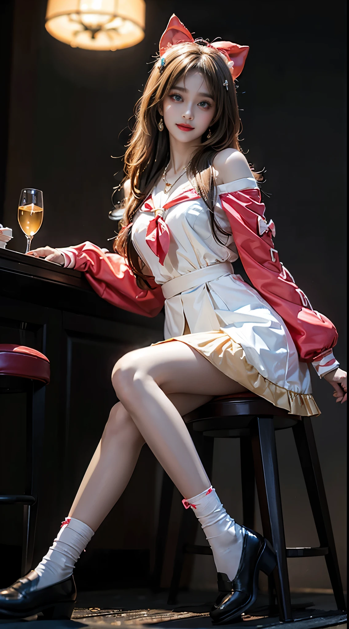 diana cosplay costume, animal ears, long jacket, bow, hair ornament, serafuku, neckerchief, long sleeves, socks, shoes ((whole body)), ((from below)), ((Sitting)), ((sitting on a bar stool)), Clear face, Pretty Face, 8K, masterpiece, original photo, best quality, detail:1.2,lifelike, detail, Very detailed, CG, Unite, wallpaper, Depth of Field, Movie Lighting, lens flare, Ray tracing, (extremely beautiful face, Beautiful lips, beautiful eyes), Wheels within wheels, detail的脸, (Bare shoulders), ((ultra detailed skin)), 1 girl, in the darkness, Deep Shadows, Beautiful korean girl, Korean Idol,(Very slim figure:1.3), Full breasts, Large Breasts, Slender sexy legs, Very beautiful legs, Elegant Posture, (A big smile), (City night, (Neon), (night), Beautiful korean girl, White Diamond Earrings, diameter bracelet, Deya Necklace, Clear eyes, (big eyes)