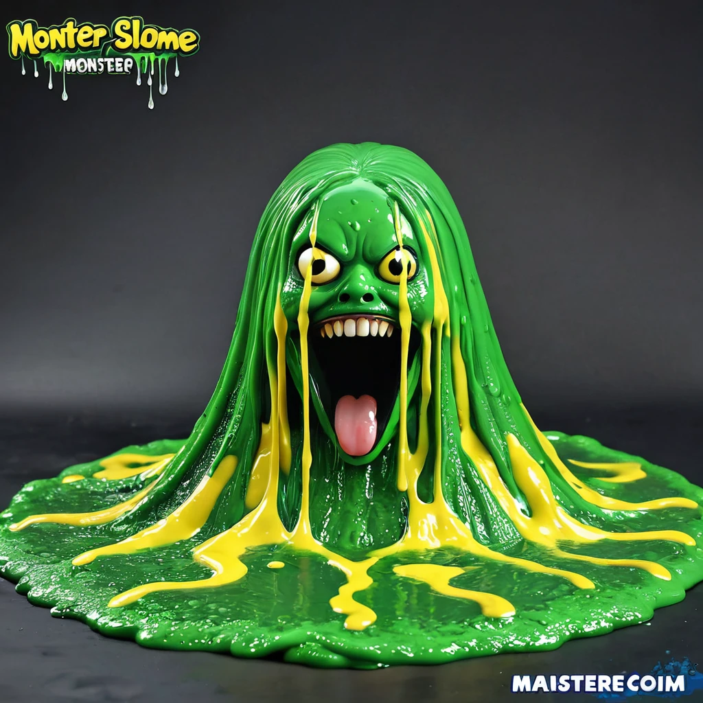 Slime, (monster girl), green slime with darker green, dripping with yellow ooze, clothed, masterpiece, best quality