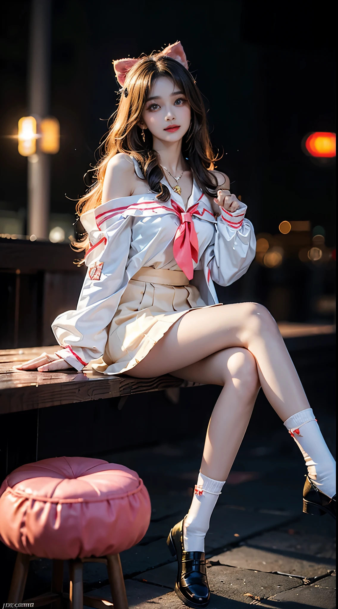 diana cosplay costume, animal ears, long jacket, bow, hair ornament, serafuku, neckerchief, long sleeves, socks, shoes ((whole body)), ((from below)), ((Sitting)), ((sitting on a bar stool)), Clear face, Pretty Face, 8K, masterpiece, original photo, best quality, detail:1.2,lifelike, detail, Very detailed, CG, Unite, wallpaper, Depth of Field, Movie Lighting, lens flare, Ray tracing, (extremely beautiful face, Beautiful lips, beautiful eyes), Wheels within wheels, detail的脸, (Bare shoulders), ((ultra detailed skin)), 1 girl, in the darkness, Deep Shadows, Beautiful korean girl, Korean Idol,(Very slim figure:1.3), Full breasts, Large Breasts, Slender sexy legs, Very beautiful legs, Elegant Posture, (A big smile), (City night, (Neon), (night), Beautiful korean girl, White Diamond Earrings, diameter bracelet, Deya Necklace, Clear eyes, (big eyes)