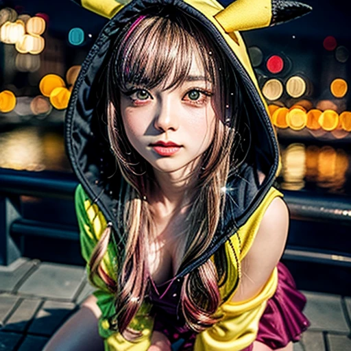 (Girl in (Yellow) Pikachu hood), (naked hoodie, hood loosely open) . masterpiece 8K best quality, (RAW PhotoRealistic HyperRealism:1.37) Ultra-detailed, (Acutance:0.85), SoftLighting, detailed pupils, (Colorful Light particles, Blurred colorful Lights dazzling bokeH:1.28), on knees, kneeling, legs spread, hands above head . BREAK (((NOGIZAKA))) girl in RED Tube-Top dress Stroll along evening Harbor, (Acutance:0.85), ZoomLayer, Masterpiece of 8K Ultra-detailed, (VolumetricLighting), (RAW Photo-realistic:1.37), (Close-up:1.38), (Sunseting colorful sky), (Dazzling bokeh:1.32), { (Golden ray illuminating face) | (Photon Particles:0.95) | (Fluttering Hair in wind:1.4) } . BREAK (((Extremely detailed KAWAII face))), perfect anatomy, Childish, CaptivatingGaze, Elaborate detailed Eyes with (Sparkling Highlights:1.28), (Voluminous Long Eyelashes:0.88)、Glossy Lips, Rosy Cheeks, (Detailed Flawless Skin, Radiant PearlSkin with Transparency), Shiny SilkyHair, Random HairColor. { (joyful expressions:1.28) | (:d) }, (Large eyes:-1) .