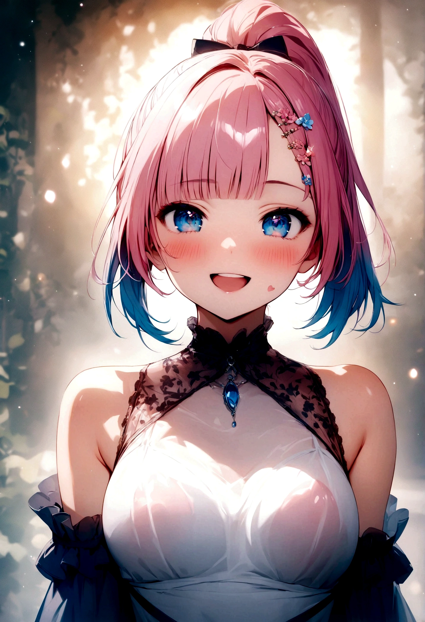 光沢のあるBlondeのポニーテール、Super long hair、Three flower-shaped hairpins on the left sideburn、Slightly desaturated blue eyes、Droopy eyes、Shining Eyes、The eye sockets are paw-shaped、Eyes are dark blue、smile、Open your mouth、Wearing a dress、Brown belt under the chest、masterpiece, highest quality, Official Art, Very detailed, Absurd, 8K resolution, , change, alone, 明るいsmile, Transparent clothes, White clothes、Blonde、A small pink tattoo in the shape of a heart just below his left eye.、Fine grain、Asymmetrical bangs、Pink hair ribbon、Blush and redness、Blunt bangs、Bangs between the eyes、Gradient hair、Ample Bust、Perfect Face