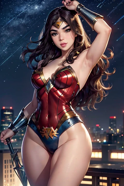 Natural Beauty, Masterpiece, Hailee Steinfeld, Perfectly Accurate Face Proportion, Thick Eyebrows, Wonder Woman, Wonder Woman Tiara, Big Breast, Curve Wide Hips, Toned Thighs, Toned Arms, on a rooftop looking over the night city, Super Hero Pose, Meteors Falling from the sky, Grin On Her Face, Realistic Art Style