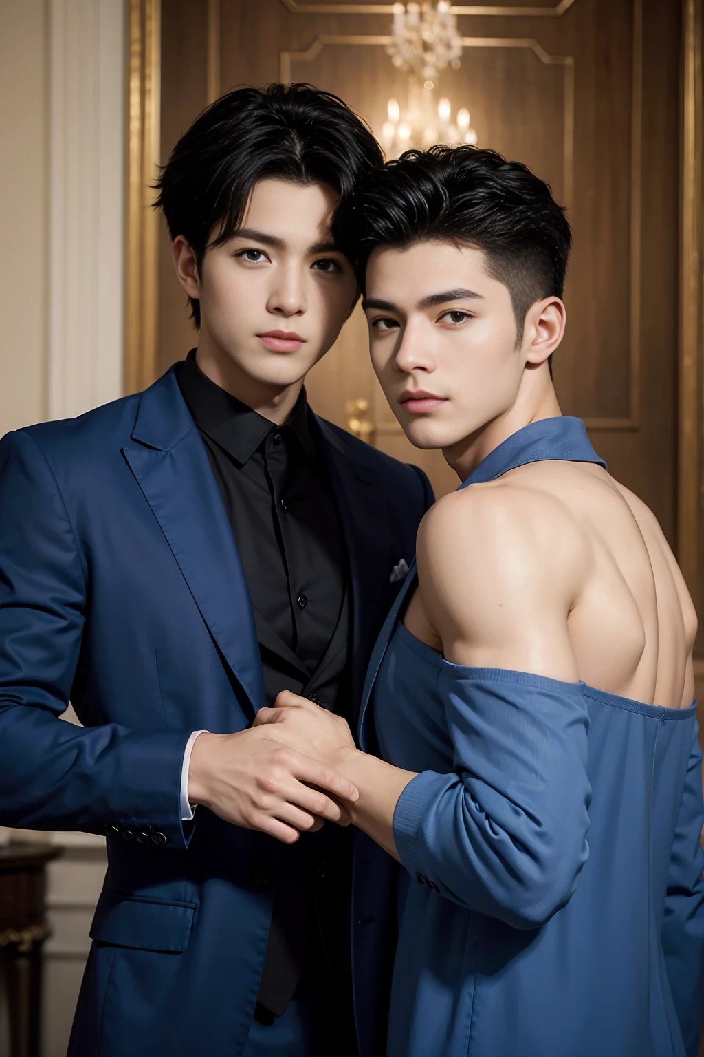 ((masterpiece)),((best quality)),8K,High Detail,Very detailed, very manly,2 men, love,Fashion pose, Real skin texture, light,
Royal blue style couple