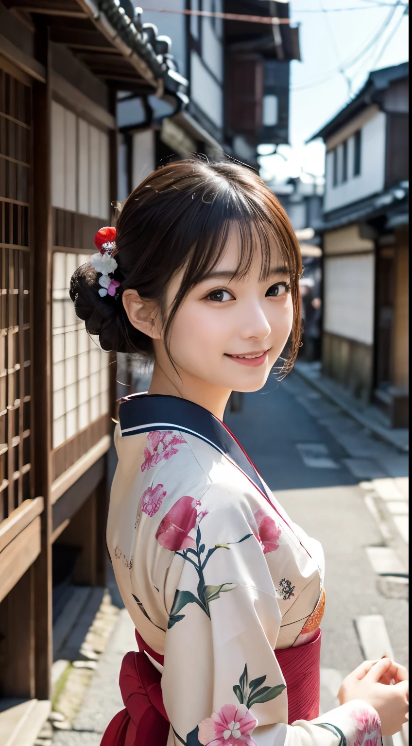 Professional Lighting,(Photorealistic:1.4), (Top image quality:1.0), (超A high resolution:1.0), 8k, Raw photography, (masterpiece:0.2), (Facing the children_v1:0.5)、(最高quality Detail:1.2)、Realistic、8K Ultra HD、High resolution、(1 girl:1.2)、超detailedな、High quality textures、複雑なdetailed、detailed、Very detailed CG、High quality shadows、detailed 美しく繊細な顔、Beautiful details and a delicate eye、(Symmetrical eyes:1.2),Written boundary depth、Ray Tracing,1 girl, Japanese Girls, (Natural smile:1.4),cute, thin, Portrait of a beautiful Japanese woman in a kimono, Standing elegantly on a street corner in Kyoto. Kimono with vibrant traditional patterns, Hair decorated with elegant and delicate hairpins, Gentle expression. (With the old streets of Kyoto in the background:1.4)、The soft light of a spring afternoon、Adding tranquility to the scene. Rendered in a Realistic style with great attention to detail, High resolutionの画像.Sky Porn, Magic Hour, (Realistic:1.3), finely, quality, (Tabletop:1.2), (Realistic:1.2), (最高quality), (複雑なdetailed), dramatic, Ray Tracing, photograph, +roller