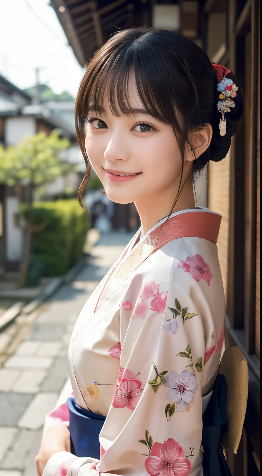 Professional Lighting,(Photorealistic:1.4), (Top image quality:1.0), (超A high resolution:1.0), 8k, Raw photography, (masterpiece:0.2), (Facing the children_v1:0.5)、(最高quality Detail:1.2)、Realistic、8K Ultra HD、High resolution、(1 girl:1.2)、超detailedな、High quality textures、複雑なdetailed、detailed、Very detailed CG、High quality shadows、detailed 美しく繊細な顔、Beautiful details and a delicate eye、(Symmetrical eyes:1.2),Written boundary depth、Ray Tracing,1 girl, Japanese Girls, (Natural smile:1.4),cute, thin, Portrait of a beautiful Japanese woman in a kimono, Standing elegantly on a street corner in Kyoto. Kimono with vibrant traditional patterns, Hair decorated with elegant and delicate hairpins, Gentle expression. (With the old streets of Kyoto in the background:1.4)、The soft light of a spring afternoon、Adding tranquility to the scene. Rendered in a Realistic style with great attention to detail, High resolutionの画像.Sky Porn, Magic Hour, (Realistic:1.3), finely, quality, (Tabletop:1.2), (Realistic:1.2), (最高quality), (複雑なdetailed), dramatic, Ray Tracing, photograph, +roller