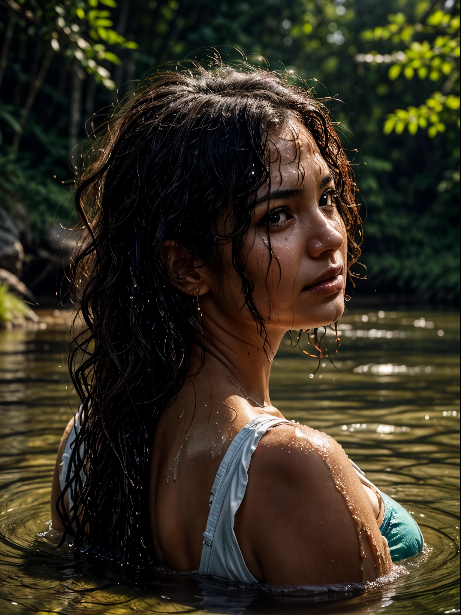 portrait close-up of a face of a brazilian woman, 38 years old. sunburnt ebony skin, (Wet and dripping hair, curly hair), wavy at the height of the back, jade eyes, fluffy turned, ((big cheeks)), bathing in the natural, in a deep river and transparent waters, [[only with the head, neck and shoulders out of the water]], between reeds, (backlit), realistic, masterpiece, high quality, brightness, shadow, flower, [[chromatic aberration]], by Jeremy Lipking, by Antonio J. Manzanedo, digital painting, Brazilian, 8k uhd, forest, river, wood, smoke, shadows, contrast, clear sky, looking_at_viewer, (warm hue, warm tone)