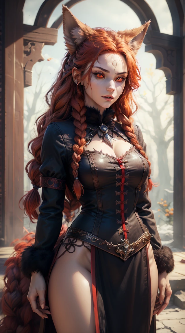 [highest quality,Shaded,Extremely detailed,Very detailed,Super detailed,complicated,Realistic],Wolf Woman,Wolf Girl,Full body portrait,full fur,Red fur,Full tail,Red hair with a red tail,Straight hair,Braided Hair, Brooch in hair, Flower Brooch, Almond-shaped eyes, Red eyes, Intimidating smile, Ominous look, Devil&#39;s Clothing