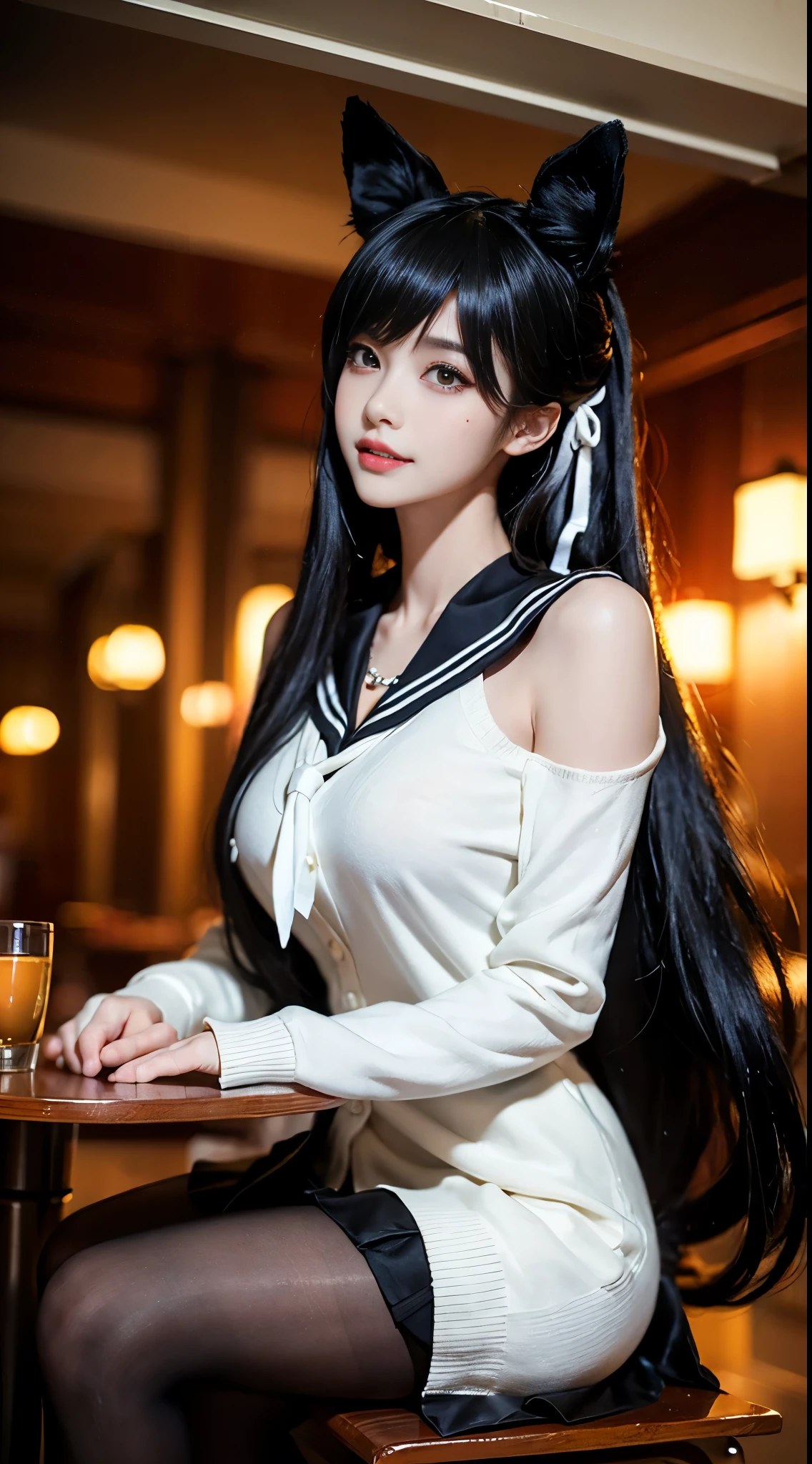 atago, 1girl, solo, atago \(azur lane\), cosplay, mole under eye,
animal ears, very long hair,bangs, sidelocks, hair ribbon,
,cardigan, sailor collar, serafuku, long sleeves, pleated skirt, pantyhose,
((whole body)), ((from below)), ((Sitting)), ((sitting on a bar stool)), Clear face, Pretty Face, 8K, masterpiece, original photo, best quality, detail:1.2,lifelike, detail, Very detailed, CG, Unite, wallpaper, Depth of Field, Movie Lighting, lens flare, Ray tracing, (extremely beautiful face, Beautiful lips, beautiful eyes), Wheels within wheels, detail的脸, (Bare shoulders), ((ultra detailed skin)), 1 girl, in the darkness, Deep Shadows, Beautiful korean girl, Korean Idol,(Very slim figure:1.3), Full breasts, Large Breasts, Slender sexy legs, Very beautiful legs, Elegant Posture, (A big smile), (City night, (Neon), (night), Beautiful korean girl, White Diamond Earrings, diameter bracelet, Deya Necklace, Clear eyes, (big eyes)