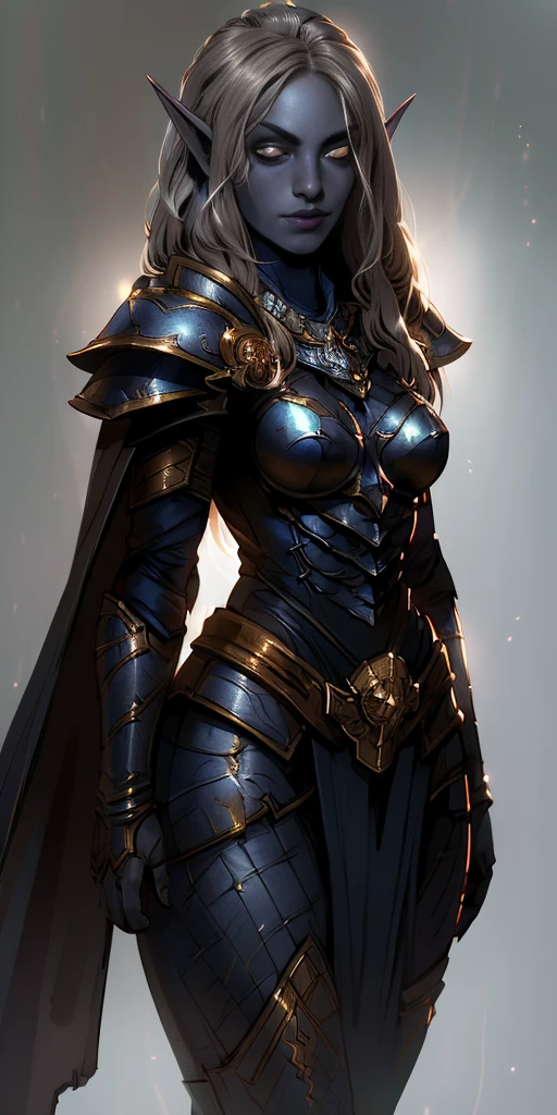masterpiece, best quality, CG, wallpaper, HDR, high quality, high-definition, extremely detailed, drow, colored skin, dark elf, blue skin, grey skin, pointy ears, cape, armor, looking at viewer, 1girl, dimmed light, brown eyes, long hair, chibi