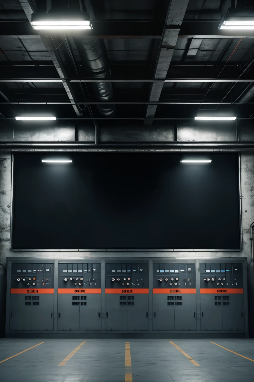 Cinematic 3D matte paint render; Big masssive size control panel inside a bright factory; front view; misty
