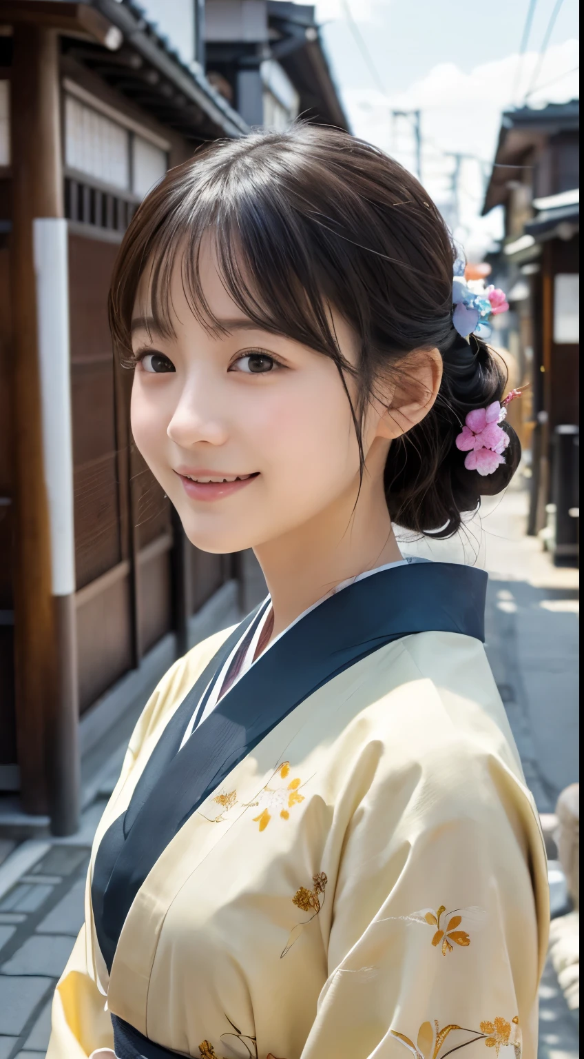 Professional Lighting,(Photorealistic:1.4), (Top image quality:1.0), (超A high resolution:1.0), 8k, Raw photography, (masterpiece:0.2), (Facing the children_v1:0.5)、(最高quality Detail:1.2)、Realistic、8K Ultra HD、High resolution、(1 girl:1.2)、超detailedな、High quality textures、複雑なdetailed、detailed、Very detailed CG、High quality shadows、detailed 美しく繊細な顔、Beautiful details and a delicate eye、(Symmetrical eyes:1.2),Written boundary depth、Ray Tracing,1 girl, Japanese Girls, (Natural smile:1.4),cute, thin, Portrait of a beautiful Japanese woman in a kimono, Standing elegantly on a street corner in Kyoto. Kimono with vibrant traditional patterns, Hair decorated with elegant and delicate hairpins, Gentle expression. (With the old streets of Kyoto in the background:1.4)、The soft light of a spring afternoon、Adding tranquility to the scene. Rendered in a Realistic style with great attention to detail, High resolutionの画像.Sky Porn, Magic Hour, (Realistic:1.3), finely, quality, (Tabletop:1.2), (Realistic:1.2), (最高quality), (複雑なdetailed), dramatic, Ray Tracing, photograph, +roller