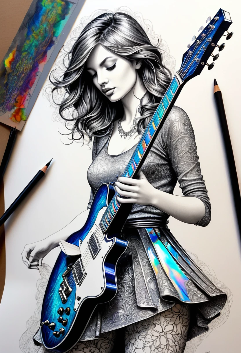 Dessiner une figurine 4D d'une femme guitariste de style encre uhd époustouflante et à couper le souffle, effet  holographiqhe qui semble sortir de la feuille de dessin, extremely detailed drawing, hyperRéaliste, sublime details. Truly remarkable work, rock&#39;n roll metal work , perfect and detailed hands, highly detailed hyperrealistic guitar 