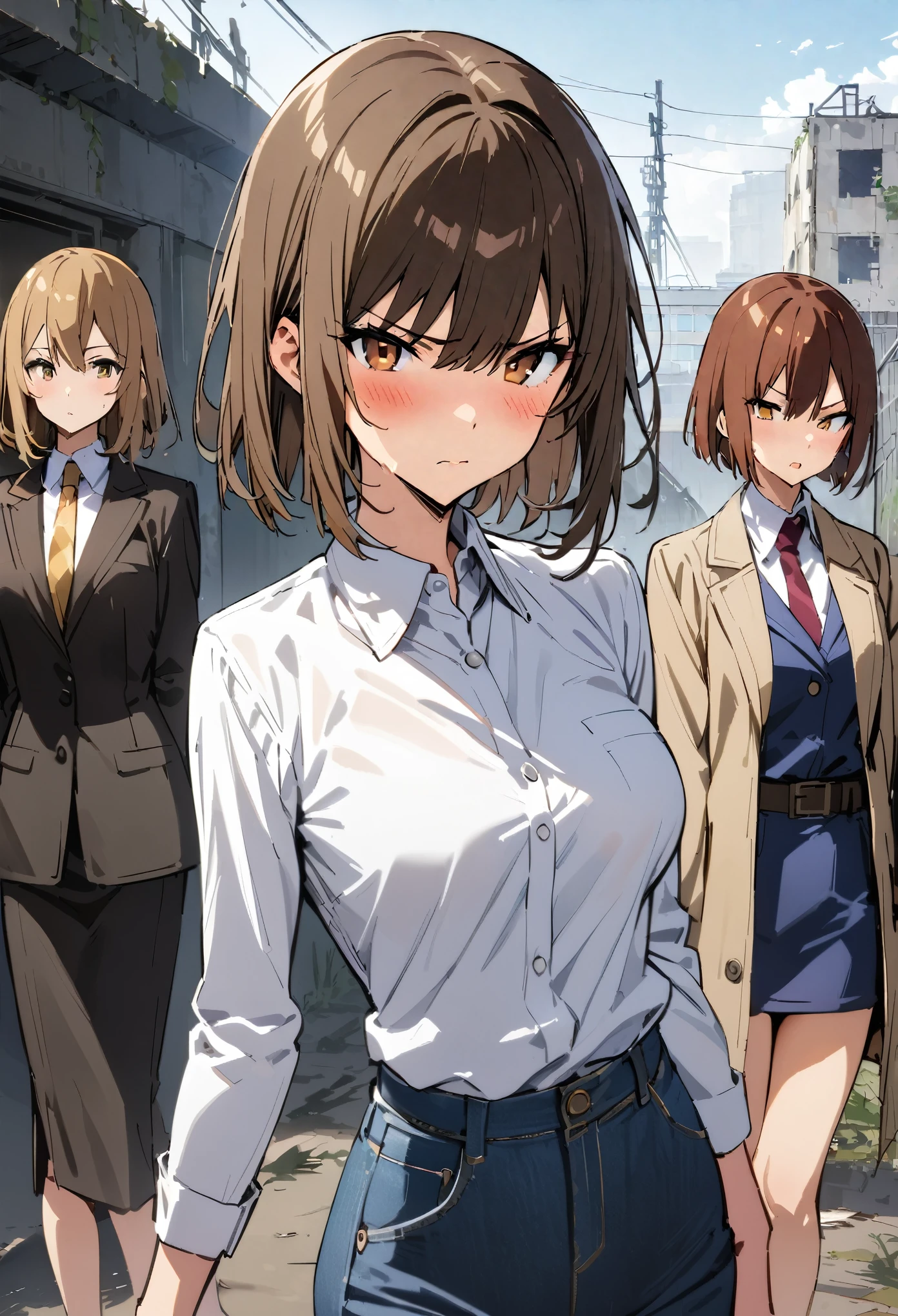 takeda hiromitsu style,(One Woman and Two Female Agents),(The agents surround the woman.),(((masterpiece, highest quality:1.5,absurdres))),One of the women is a beautiful 20-year-old,((very small head)),short bob hair,bangs,dark brown hair,brown eyes,blush,Serious expression、medium breasts,((very long body)),toned body,slender body,skinny,gleaming skin,shiny skin,(White collared shirt、Long sleeve、Blue denim miniskirt)、Be on guard、Abandoned Factory、Tokyo、