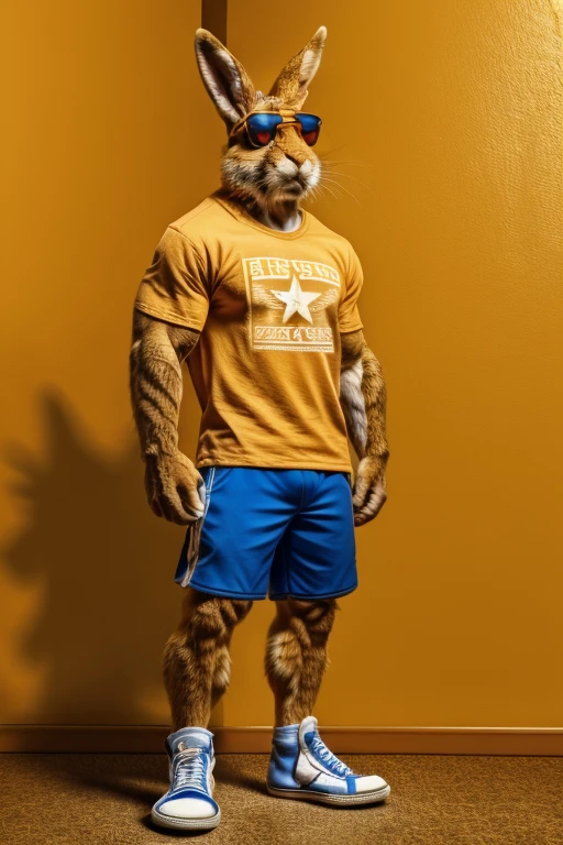 Upright rabbit wearing sneakers converse sneakers Heroic Presence Serious and strong pose Regular orange T-shirtFurry very realistic anthropomorphic animal With long short bags On the sides  con pelaje strong normal With sunglasses