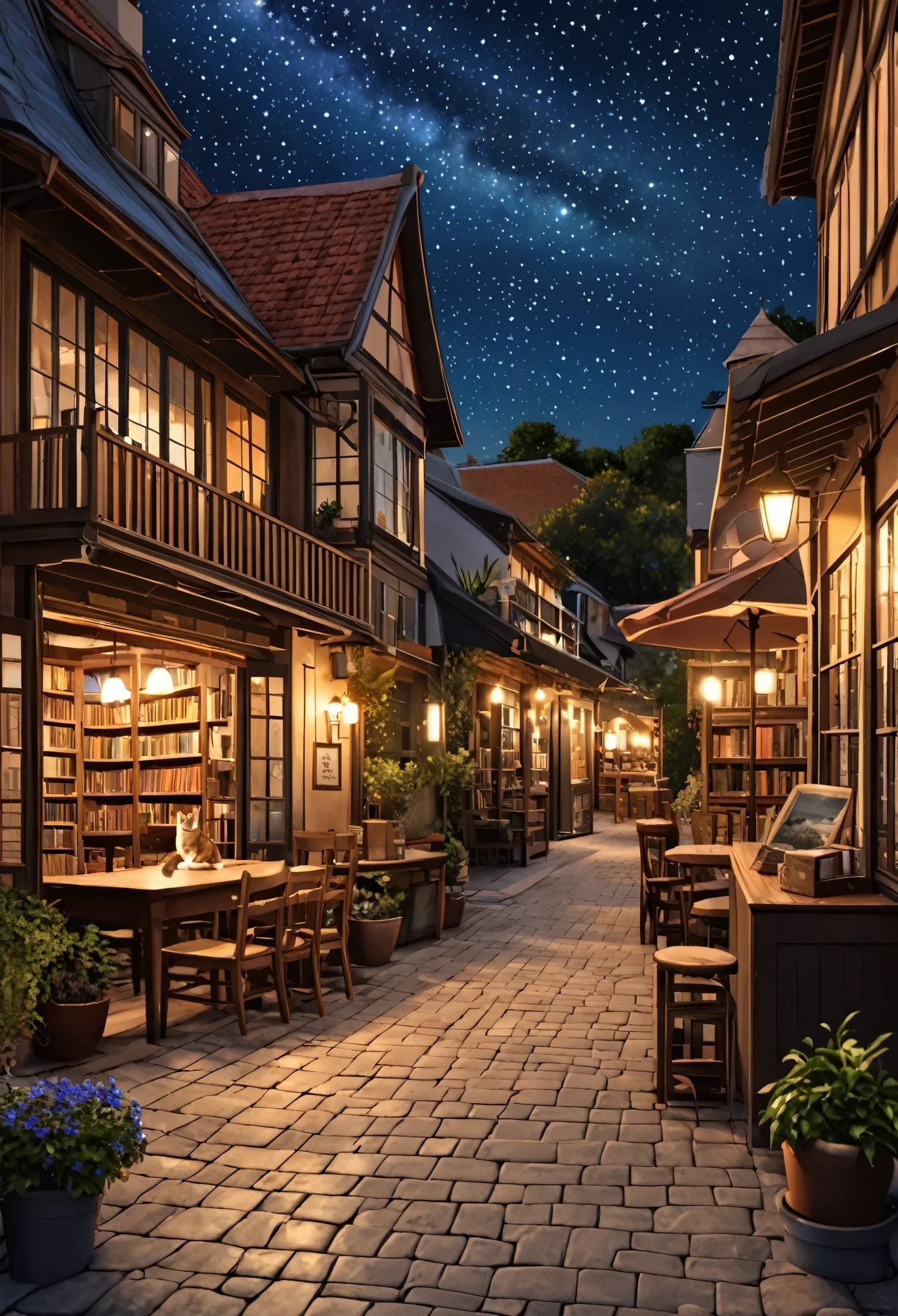 ((only background)), ((photo realistic:1.4,illustration)),(masterpiece, top quality, best quality),(ultra-detailed, absolutely resolution),((16k, high res)).(reflect), (produces images with information than 40 million pixels with cinematic-like detailed textures shot on a Sony SLR), BREAK {starry night, book store facing beach, many books, antique items, light, cat, terrace}, BREAK {((interior of the cafe with soft light shining in)), (there are many antique tables and chairs), ((Clock, houseplants, stairs, hanging Light, (face supplies: 1.2), shelves with coffee beans)), ((reflect))}