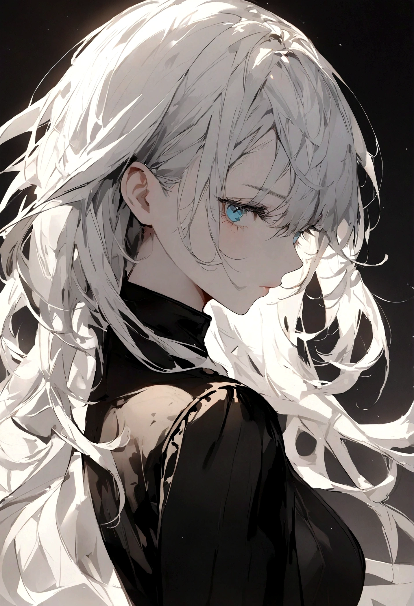 a woman with white hair wearing a tight black jacket , in the style of mashup of styles, light gray and light bronze, edgy, soft-focus technique, dark white and dark cyan, soft edges, eye-catching --ar 36:53 --stylize 750 --v 6