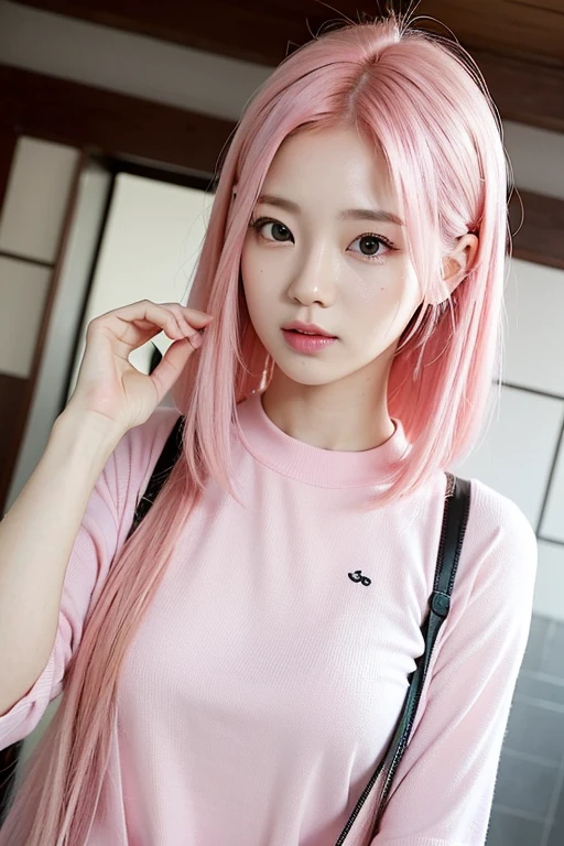 araffed asian woman with pink hair and a pink shirt, flowing pink hair, with pink hair, beautiful south korean woman, long flowing pink hair, pink girl, beautiful young korean woman, pink wispy hair, korean girl, gorgeous young korean woman, korean woman, pink hair, cute girl with short pink hair, long pink hair, curly pink hair
