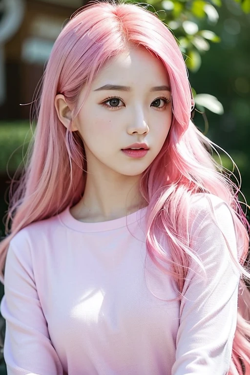 araffed asian woman with pink hair and a pink shirt, flowing pink hair, with pink hair, beautiful south korean woman, long flowing pink hair, pink girl, beautiful young korean woman, pink wispy hair, korean girl, gorgeous young korean woman, korean woman, pink hair, cute girl with short pink hair, long pink hair, curly pink hair