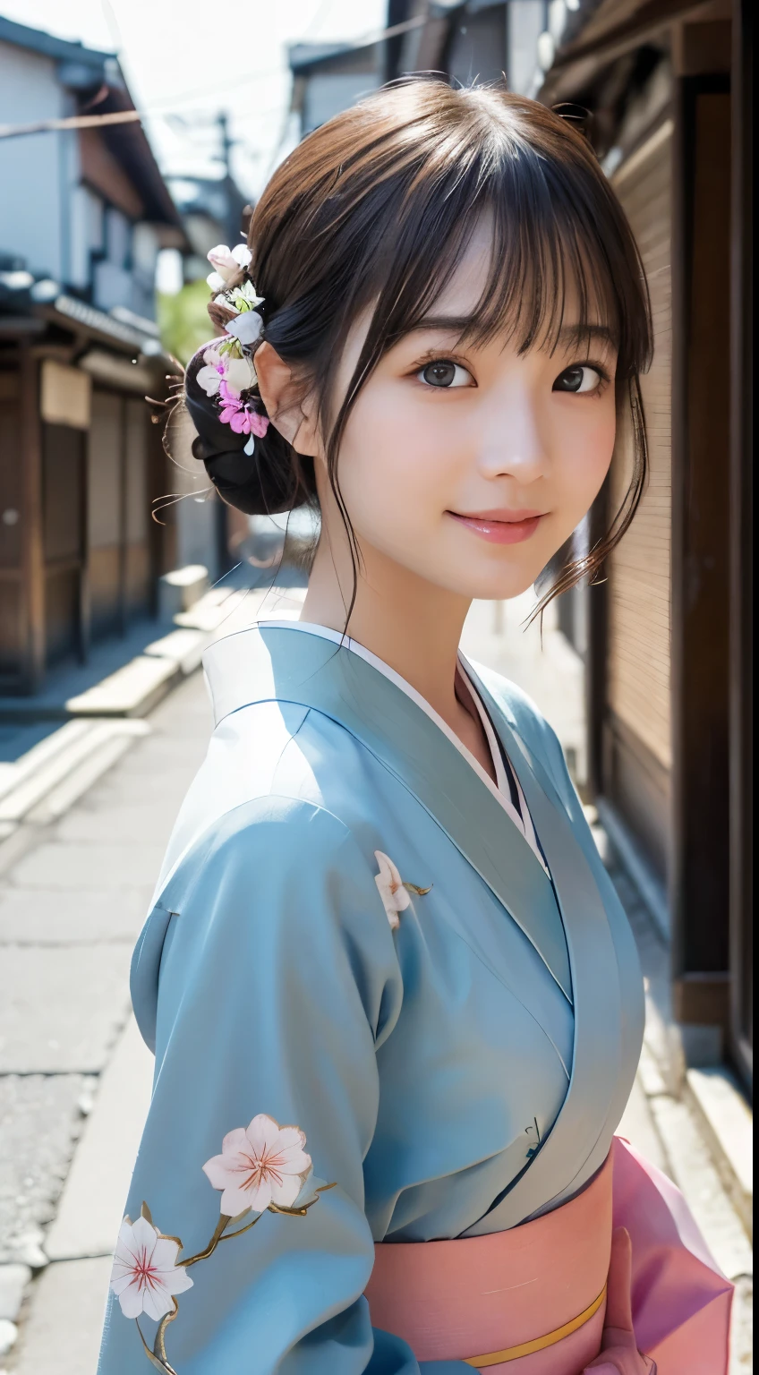 Professional Lighting,(Photorealistic:1.4), (Top image quality:1.0), (超A high resolution:1.0), 8k, Raw photography, (masterpiece:0.2), (Facing the children_v1:0.5)、(最高quality Detail:1.2)、Realistic、8K Ultra HD、High resolution、(1 girl:1.2)、超detailedな、High quality textures、複雑なdetailed、detailed、Very detailed CG、High quality shadows、detailed 美しく繊細な顔、Beautiful details and a delicate eye、(Symmetrical eyes:1.2),Written boundary depth、Ray Tracing,1 girl, Japanese Girls, (Natural smile:1.4),cute, thin, Portrait of a beautiful Japanese woman in a kimono, Standing elegantly on a street corner in Kyoto. Kimono with vibrant traditional patterns, Hair decorated with elegant and delicate hairpins, Gentle expression. (With the old streets of Kyoto in the background:1.4)、The soft light of a spring afternoon、Adding tranquility to the scene. Rendered in a Realistic style with great attention to detail, High resolutionの画像.Sky Porn, Magic Hour, (Realistic:1.3), finely, quality, (Tabletop:1.2), (Realistic:1.2), (最高quality), (複雑なdetailed), dramatic, Ray Tracing, photograph, +roller