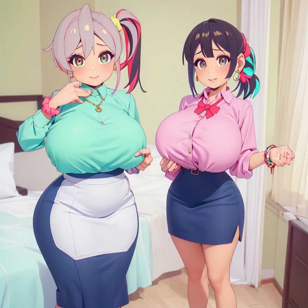 (ultra realistic,32k, masterpiece:1.1),(high detailed skin:1.1), 8k uhd, dslr, high quality, (thick\lips\), 30 year old
aakaede,two-tone hair,side ponytail,sidelocks,hair scrunchie,gyaru,earrings,necklace,breasts,,red bowtie,collared shirt, green shirt,long sleeves,bracelet,blue skirt,press, , (huge breast:1.2),
In bedroom (looking at viewer, wide hips:1.1), ,(thicc voluptuous:1.1),