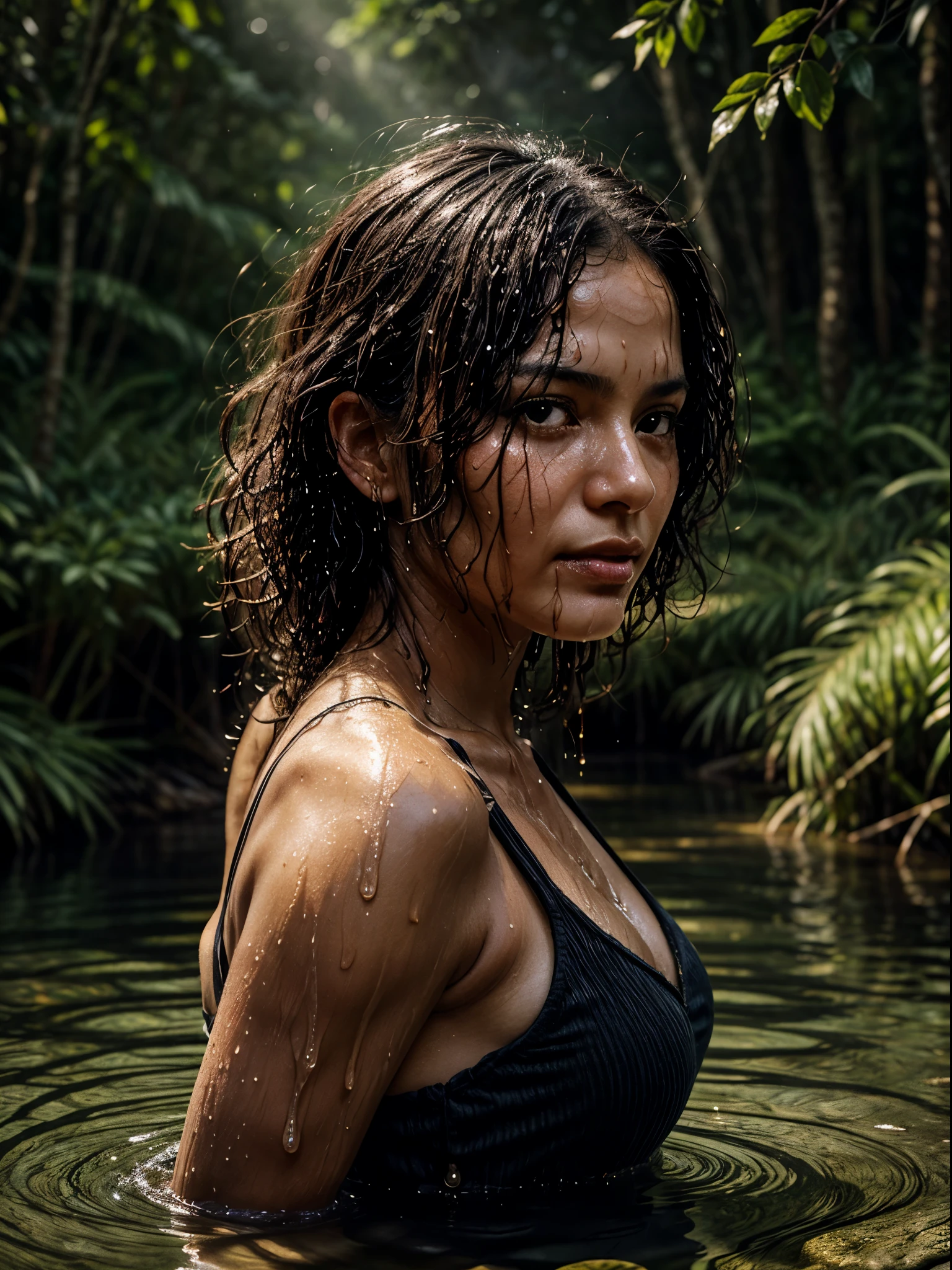 portrait close-up of a face of a brazilian woman, 38 years old. sunburnt ebony skin, (Wet and dripping hair, curly hair), wavy at the height of the back, jade eyes, fluffy turned, ((big cheeks)), bathing in the natural, in a deep river and transparent waters, [[only with the head and neck out of the water]], between reeds, (backlit), realistic, masterpiece, high quality, brightness, shadow, flower, [[chromatic aberration]], by Jeremy Lipking, by Antonio J. Manzanedo, digital painting, Brazilian, 8k uhd, forest, river, wood, smoke, shadows, contrast, clear sky, looking_at_viewer, (warm hue, warm tone)