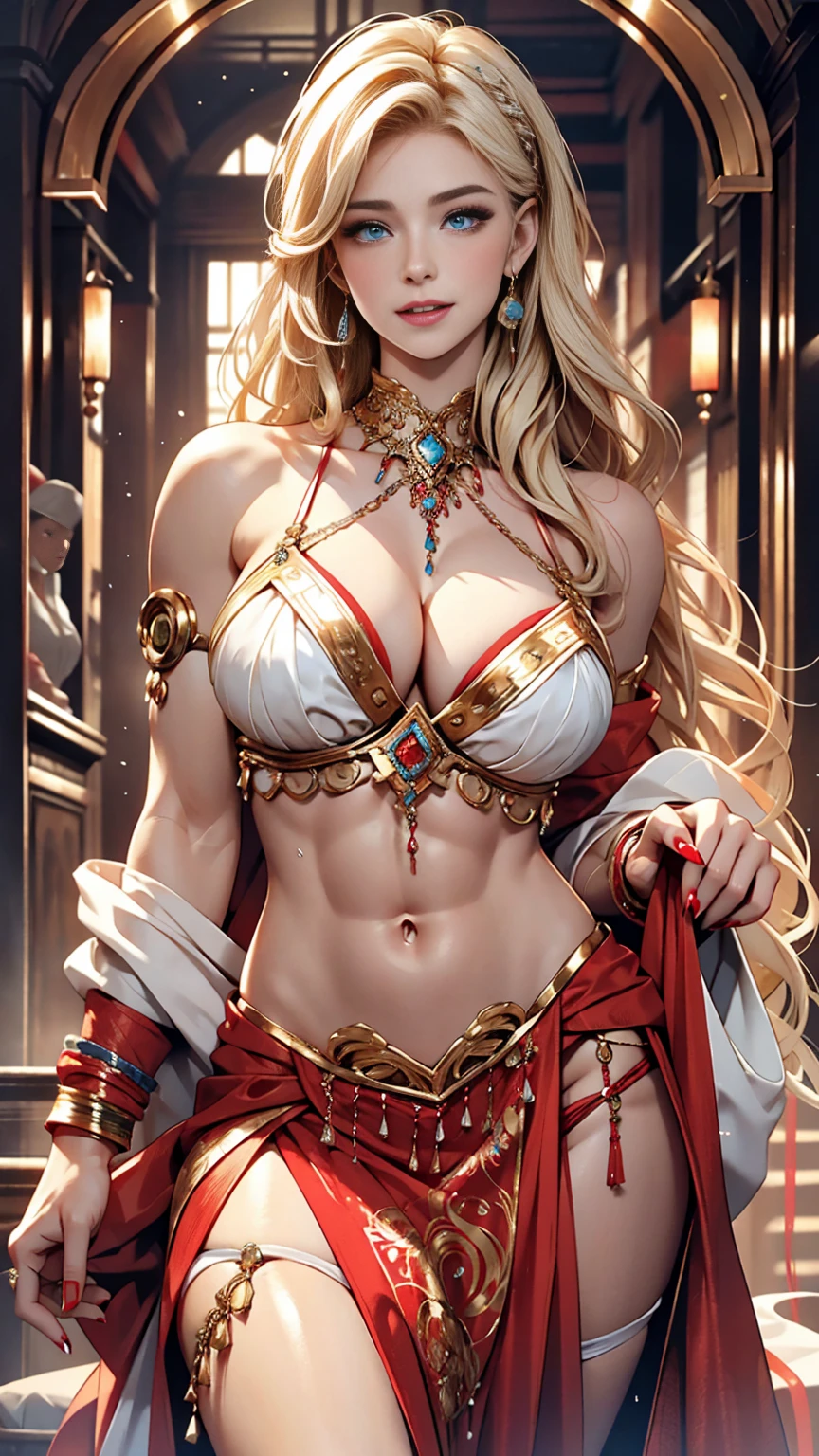 A 23-year-old white woman with unparalleled beauty、blue eyes、Platinum Blonde、Pale skin、Hair is wavy、long hair、The ends of the hair are curled upwards、smile、She is wearing a sexy red belly dance dress、Dancing belly dance、Exquisite Art Nouveau background、The navel is sticking out、My abs are ripped、A slender yet well-proportioned body、Photorealistic images、8K quality、My chest is popping out、I want my head to stay off screen、Wearing accessories on the wrist、Wearing red nail polish