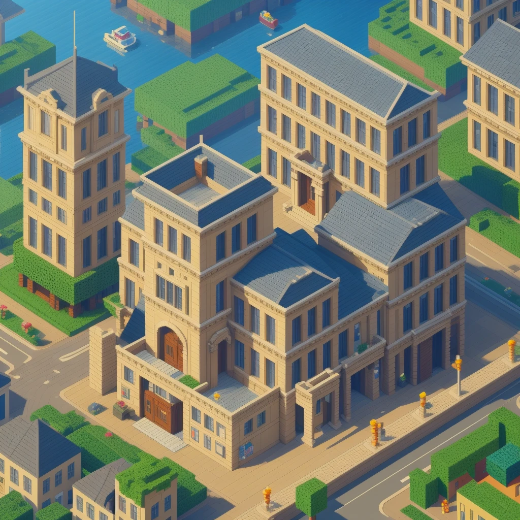 a cartoon image of a building with a man standing in front of it, an extremely detailed building, isometric house, isometric pixel art, pixel art isometric drawing, single building, realistic building, isometric pixelart, isometric voxel, detailed buildings, brick building, isometric voxel art, isometric, hq very detailed