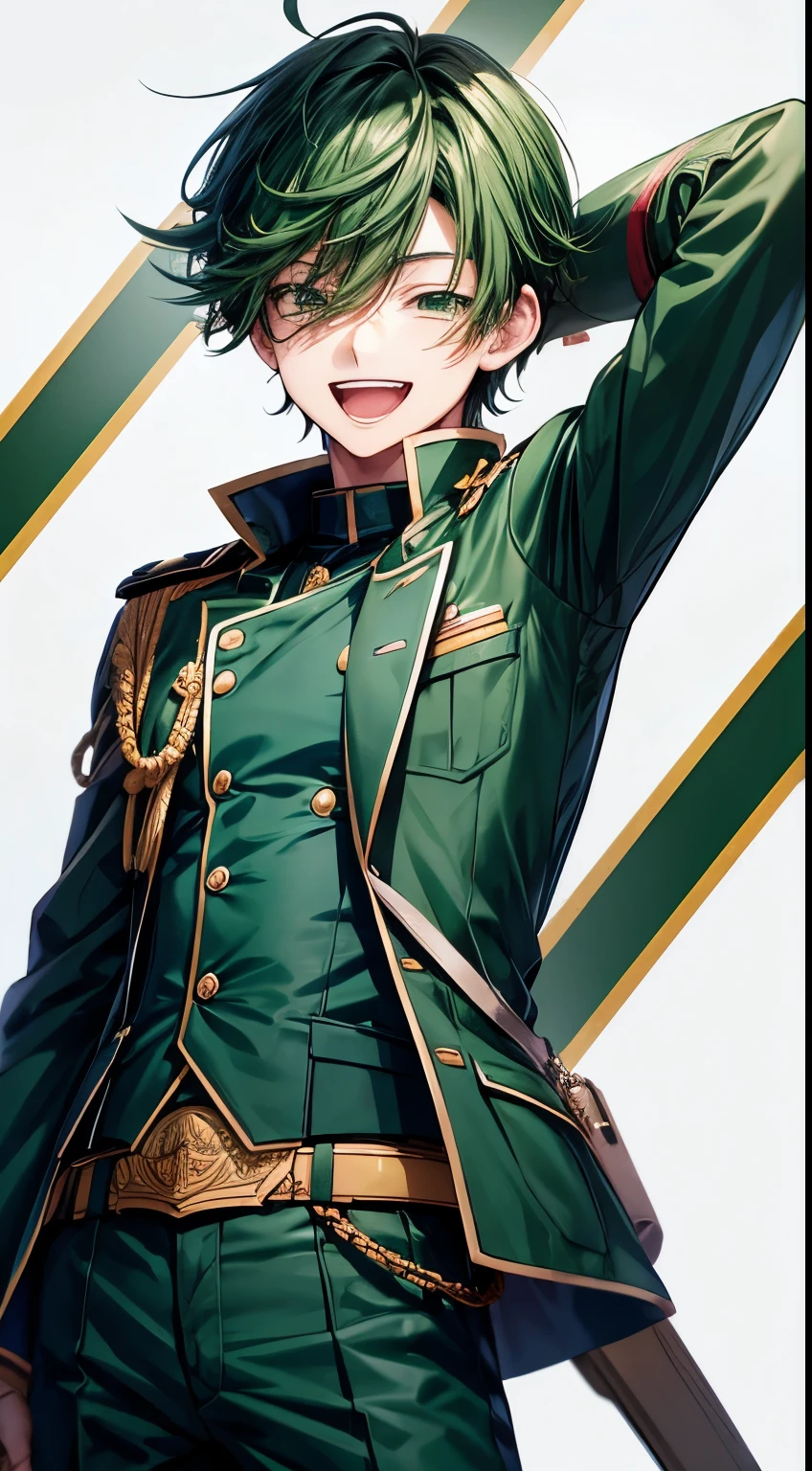 Anime style boy with laughing expression、Green military uniform、cool、Navy Hair