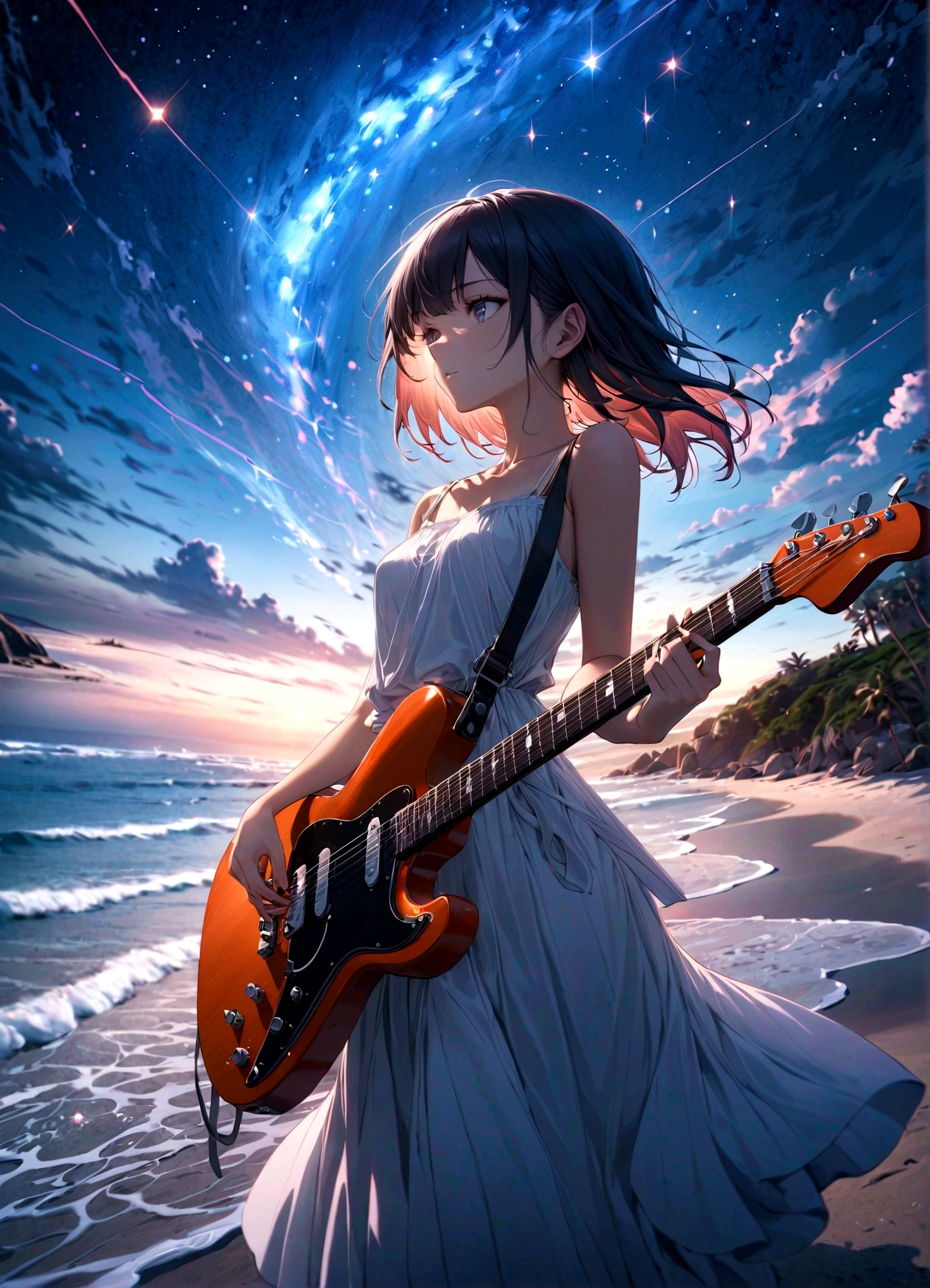 night, 1 Girl, holding electric guitar, clavicle, beach, Starry Sky, fantasy, magic, mystery, Ethereal, sublime atmosphere, dreamlike, Dramatic Lighting, high quality, Octane Rendering, Epic scene, 