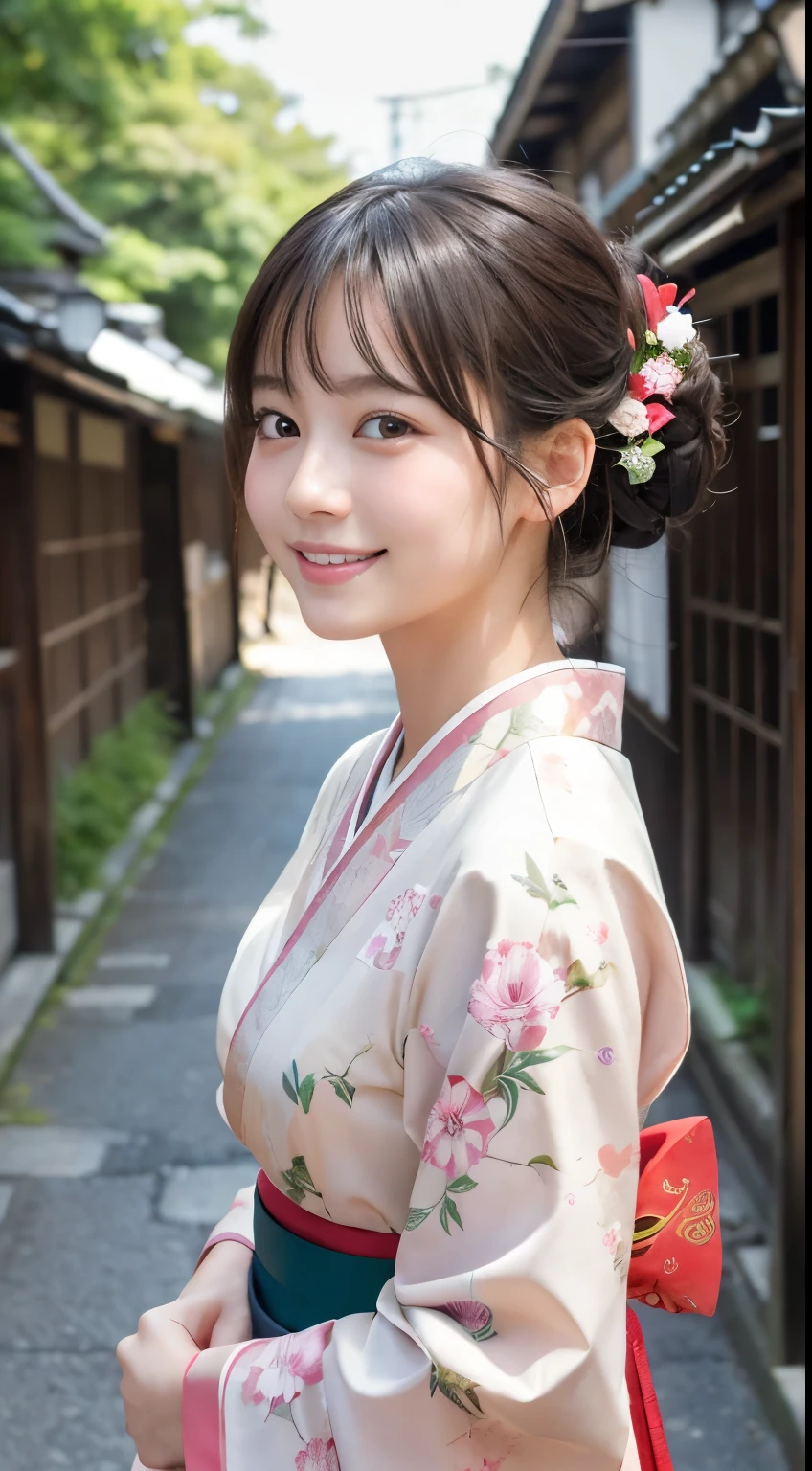 Professional Lighting,(Photorealistic:1.4), (Top image quality:1.0), (超A high resolution:1.0), 8k, Raw photography, (masterpiece:0.2), (Facing the children_v1:0.5)、(最高quality Detail:1.2)、Realistic、8K Ultra HD、High resolution、(1 girl:1.2)、超detailedな、High quality textures、複雑なdetailed、detailed、Very detailed CG、High quality shadows、detailed 美しく繊細な顔、Beautiful details and a delicate eye、(Symmetrical eyes:1.2),Written boundary depth、Ray Tracing,1 girl, Japanese Girls, (Natural smile:1.4),cute, thin, Portrait of a beautiful Japanese woman in a kimono, Standing elegantly on a street corner in Kyoto. Kimono with vibrant traditional patterns, Hair decorated with elegant and delicate hairpins, Gentle expression. (With the old streets of Kyoto in the background:1.4)、The soft light of a spring afternoon、Adding tranquility to the scene. Rendered in a Realistic style with great attention to detail, High resolutionの画像.Sky Porn, Magic Hour, (Realistic:1.3), finely, quality, (Tabletop:1.2), (Realistic:1.2), (最高quality), (複雑なdetailed), dramatic, Ray Tracing, photograph, +roller