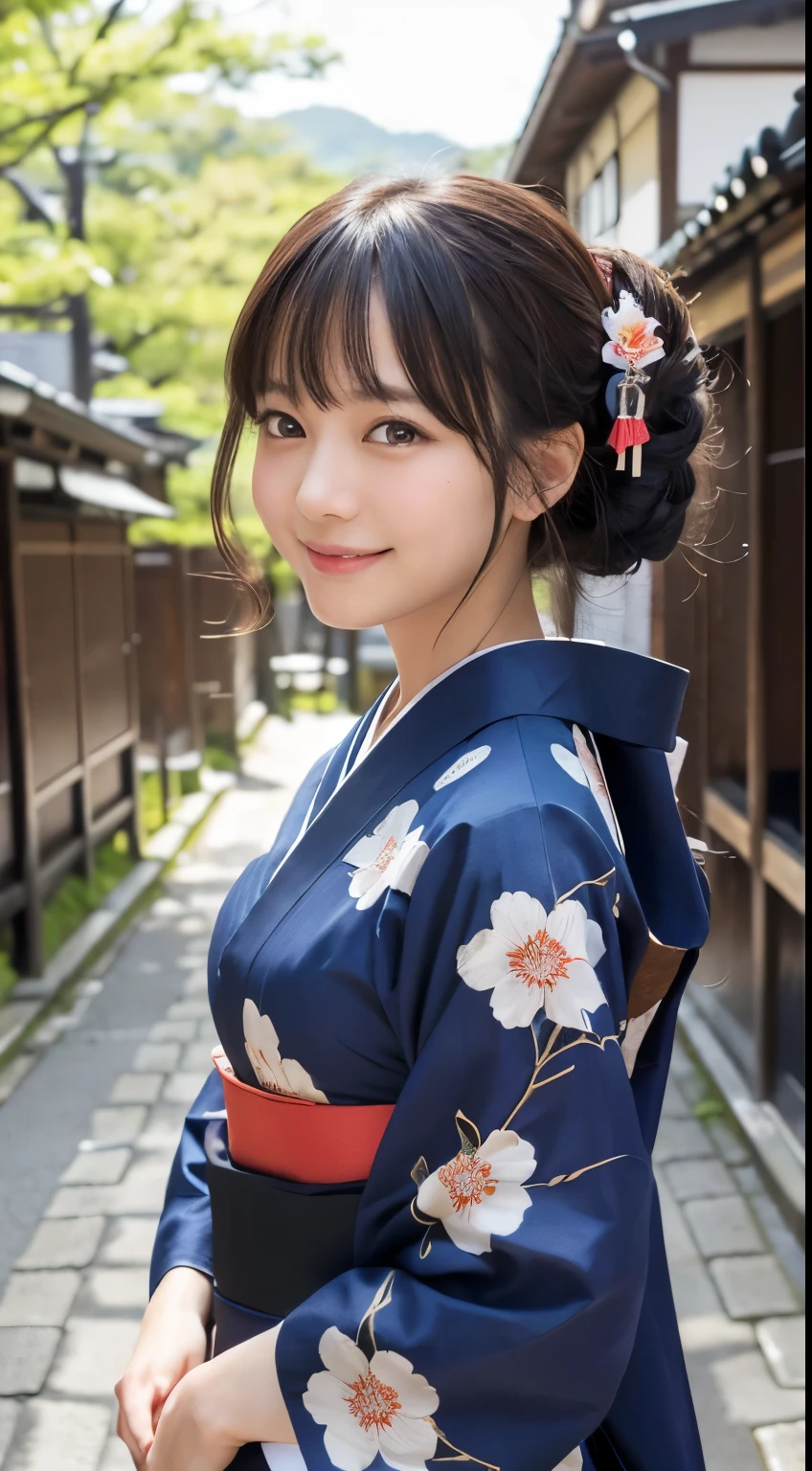 Professional Lighting,(Photorealistic:1.4), (Top image quality:1.0), (超A high resolution:1.0), 8k, Raw photography, (masterpiece:0.2), (Facing the children_v1:0.5)、(最高quality Detail:1.2)、Realistic、8K Ultra HD、High resolution、(1 girl:1.2)、超detailedな、High quality textures、複雑なdetailed、detailed、Very detailed CG、High quality shadows、detailed 美しく繊細な顔、Beautiful details and a delicate eye、(Symmetrical eyes:1.2),Written boundary depth、Ray Tracing,1 girl, Japanese Girls, (Natural smile:1.4),cute, thin, Portrait of a beautiful Japanese woman in a kimono, Standing elegantly on a street corner in Kyoto. Kimono with vibrant traditional patterns, Hair decorated with elegant and delicate hairpins, Gentle expression. (With the old streets of Kyoto in the background:1.4)、The soft light of a spring afternoon、Adding tranquility to the scene. Rendered in a Realistic style with great attention to detail, High resolutionの画像.Sky Porn, Magic Hour, (Realistic:1.3), finely, quality, (Tabletop:1.2), (Realistic:1.2), (最高quality), (複雑なdetailed), dramatic, Ray Tracing, photograph, +roller