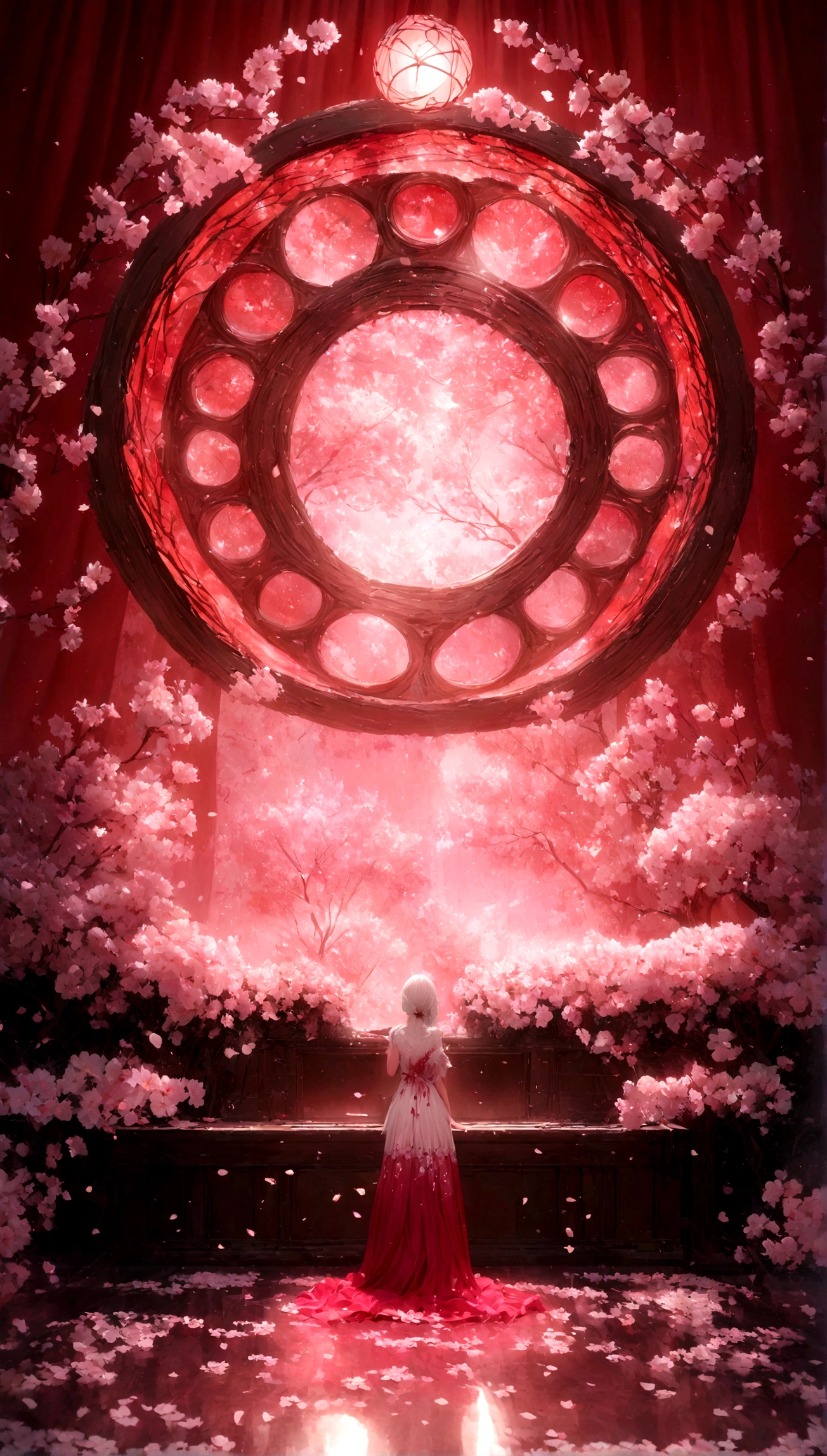 (highest quality, 32K resolution, High resolution, Very detailed, Realistic,Finely drawn details), Unreal 5 Engine, tokyo illumination, Romantic motifs, Rosa making portal, Majestic Background, Flower Environment, Beautiful views, Flower beds on the floor, Wallpaper aesthetics, E-commerce Live Room Background,ultra-Realistic rendering, Exquisite composition, Breathtaking Wallpapers, Amazing visuals, 風景Wallpaper aesthetics, Red background, Red reflection, C4D Rendering, highest quality, RAW Photos"Pure white cherry blossoms,Pure white background,Pink cherry blossoms,Shining cherry blossoms