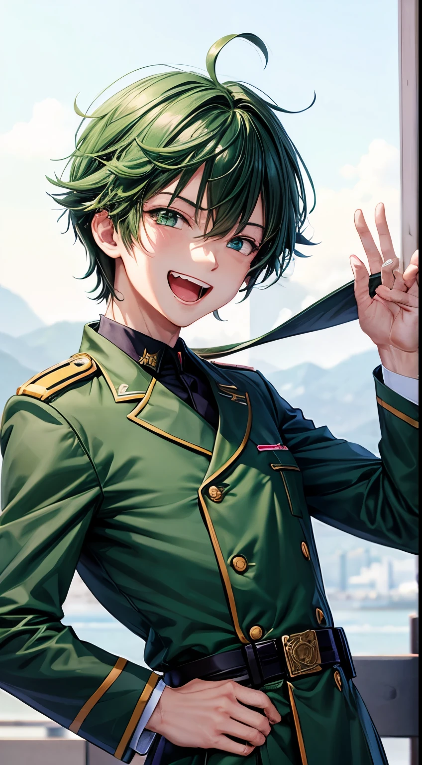 Anime style boy with laughing expression、Green military uniform、cool、Navy Hair