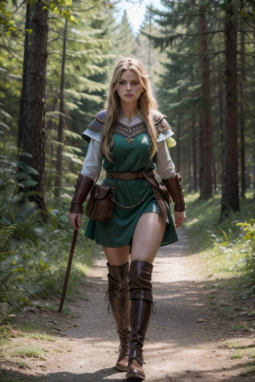 mujer guerrera vikinga caminando solitaria en medio del bosque, con un diminuto traje que apenas le cubre el cuerpo, tiene ojos verdes y una larga cabellera, tiene un rostro hermoso y unas piernas largas, con botas de cuero, Ultra realistic photo style, cinematic lighting, alto detalle, 8k, high quality photography.  vista amplia